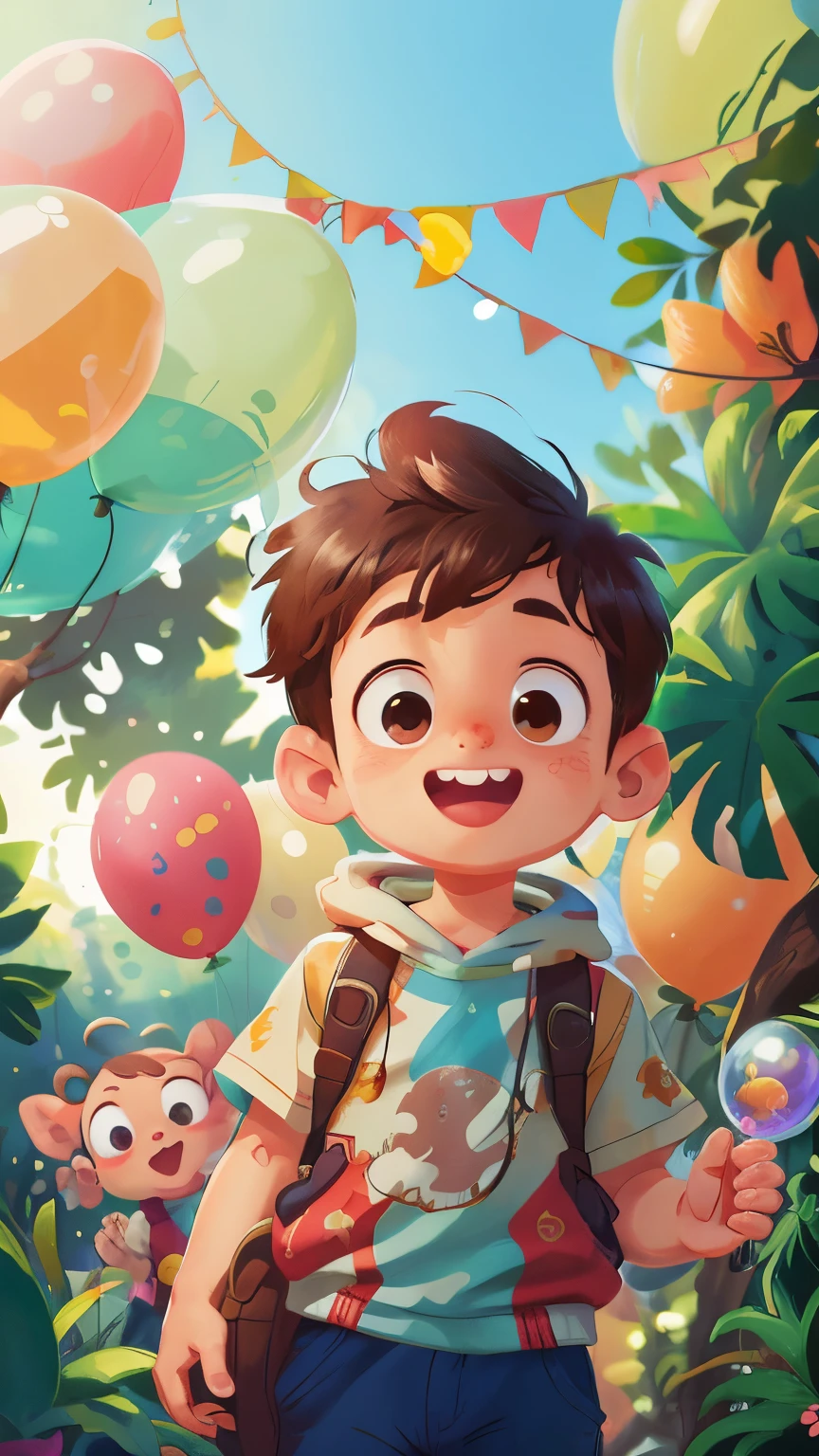 A boy, zoo, many balloons, happy, happy, perfect quality, clear focus (clutter - home: 0.8), (masterpiece: 1.2) (realistic: 1.2) (bokeh) (best quality) (detailed skin: 1.3) (intricate details) (8K) (detail eyes) (sharp focus), (happy)