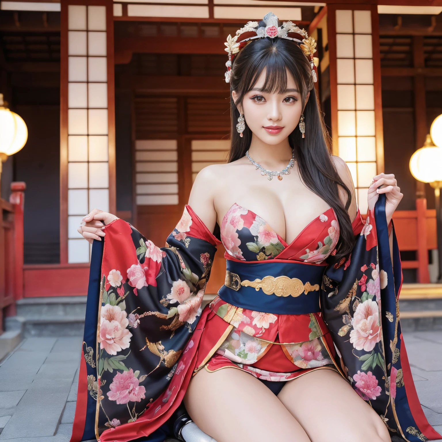 ((top-quality、masutepiece、8K、Top image quality、Very complex and detailed details))、one queen、Gorgeous costumes、花魁、Atmosphere of the Heian period、Beautiful Niwa-lacquered pillars、Huge and majestic Niwa-lacquered gate、beautiful and luxurious tiled roof、Inside the luxurious capital of Heiankyo、A gorgeous city、a gorgeous city、Daira、Japan in the 800s、Heian period、Perfectly reproducing Japan's Heian period、Take a photo of her from the knees up、Perfect camera gaze、a smile