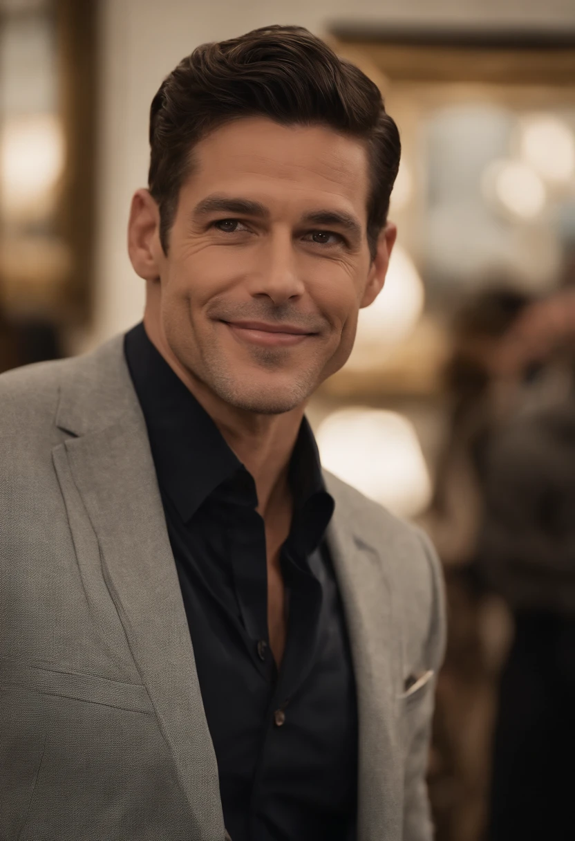 A photo of Roman at a high-end art gallery,original,Roman Roy, from the TV series “Succession,” often presents a disheveled yet stylish look, reflecting his mix of casual indifference and corporate lifestyle, typically seen in designer suits worn with a nonchalant flair. He has a boyish charm with a mischievous smile, adding to his persona as the family’s unpredictable and irreverent playboy.