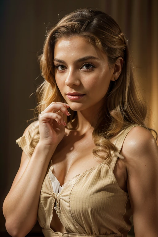 (best quality,4k,highres),portrait,Latina woman in her 30's, long blonde hair,honey colored eyes,well detailed hands and fingers, dressed in 50's clothing, with a 50's hairstyle,studio lighting