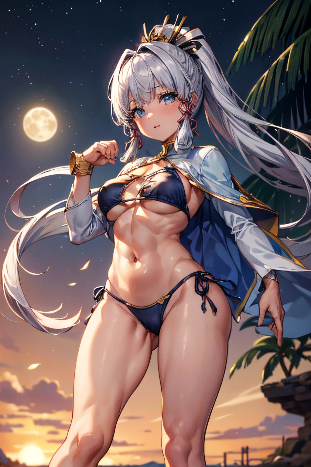 (((master part))), 4k resolution, altamente detalhado, (((olhos extremamente detalhados))), Antecedentes detalhados, luminous lighting, olhos cristalinos, olhos azuis, alta qualidade, high resolution, ultra-detalhado, 8k, best quality, (1girl), piso, Sombra, luz de fundo, light particles, filtros espessos, (((coxas musculosas))), (master part: 1.3), (best quality: 1.2), (super fine illustrations :1.2), (master part), (master part), alta qualidade, High detail,(sozinho:1.4),((Imagem redonda)), 1girl, (Kamisato Ayaka), sorrir, corar, boca fechada, grosso , , (((cabelos brancos))), On the beach at night with a starry sky and a full moon in the sky, de cima, (barriga musculosa), ((( very short ))), Standing, barefoot, Showing your  to the camera, (foto de corpo inteiro