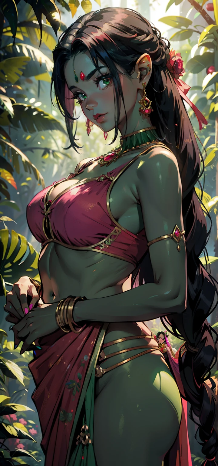 A goblin girl, pink saree, red saree,gold ring in hand, green face, green body, green hand, big breast, goblin girl,black hair, green skin color, waring pink saree, dress saree, red lipstick, looking at me, mid night in forest, ultra realistic body,HD, black forest background,body color green, 30 year's old girl,