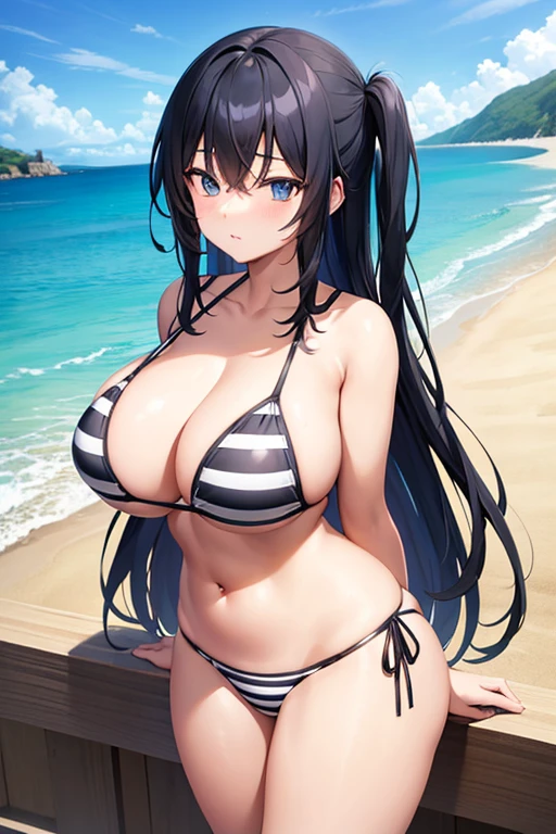 2d, anime style, anime screencap, black hair, striped bikini, blue stripes, horizontal stripes, white bikini, breasts, huge breasts, long hairz blue eyes, beach, thick thighs, wide hips