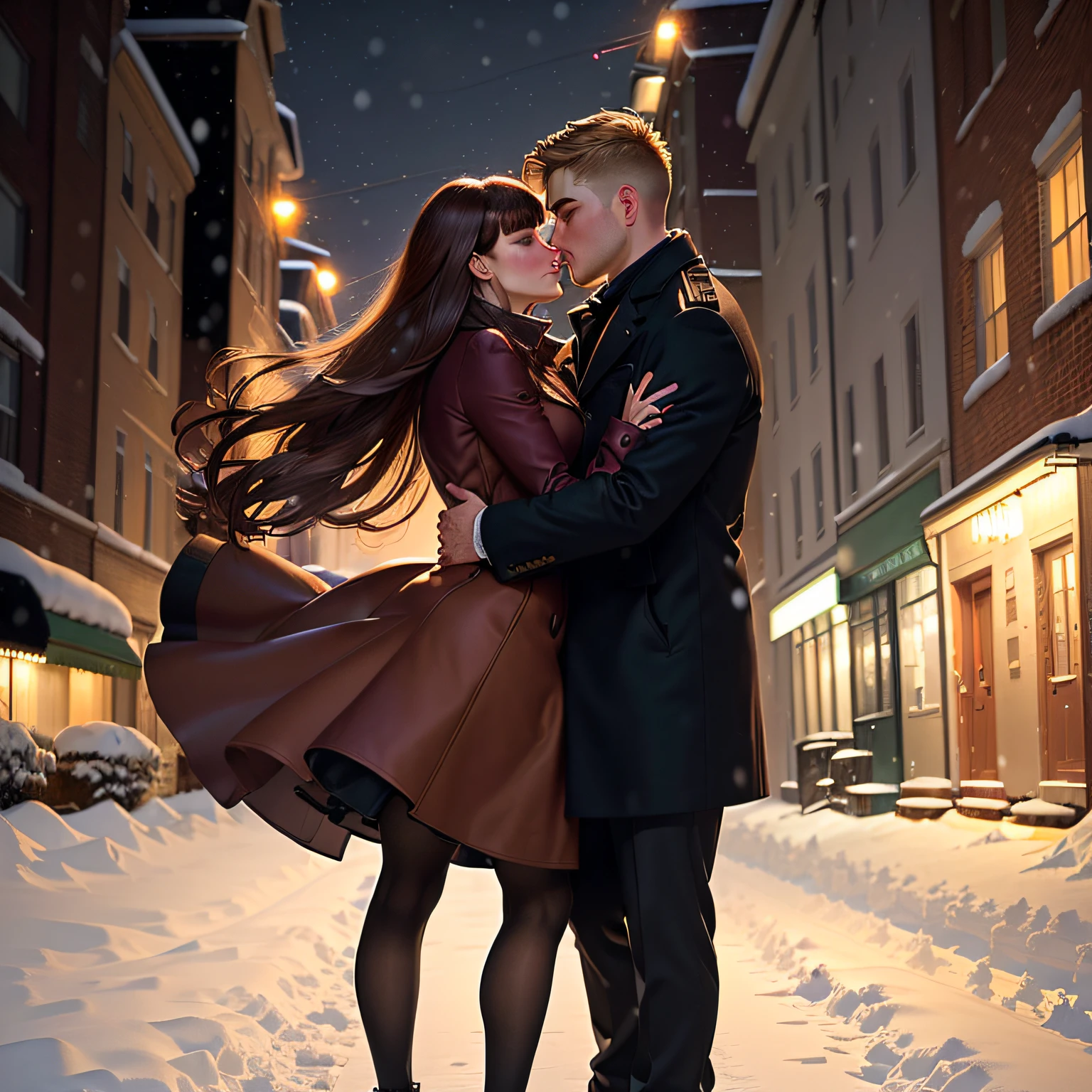 Woman and man standing on a sidewalk. They are embracing each other as if they have just finished dancing, kissing. It's night time and it's snowing. There are Christmas lights in the street. The man is clean shaven and has dark blond hair, that are very short on the sides and short on top. it's a modern setting, they are wearing modern formal clothes. They both have coats on, his coat is maroon, hers is red and long, you can tell that she is wearing a shorter dress underneath and heels. She is wearing black transparent tights. She has long light brown hair with bangs.