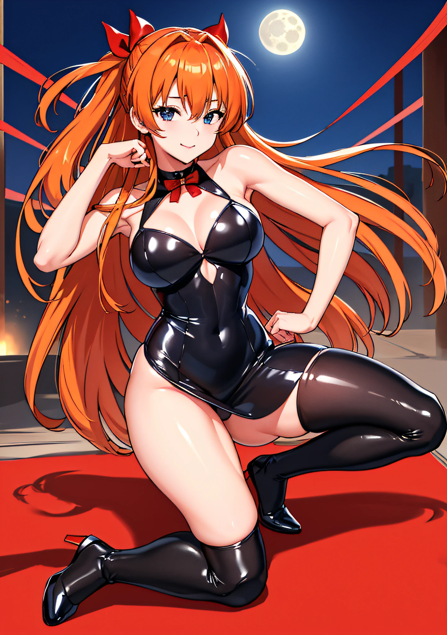 (masutepiece),(Best Quality), Asuka Langley Soryu,、Soio、Blue eyes,hair between eye,headware,Interface headset,Orange hair,Red Ribbon、bow ribbon、Big breasts、((Smaller head))、1 female、fullmoon、black leather dress、Slit Dresses、Sexy pose with one knee standing、(Raw photography:1.2)、(Photorealsitic:1.4)、A smile、Textured skin、extremely detailed eye and face、beatiful detailed eyes、二重まぶた、huge filesize、(Increase the beauty of skin texture:1.1)、hight resolution、highlydetailed skin、top-quality、8k wallpaper、电影灯光、large boob,Seductive underwear、Open legs、The chest is visible、 Spread your legs、Spread your crotch、Persistent stare, Sharp eyes, sexy langeries