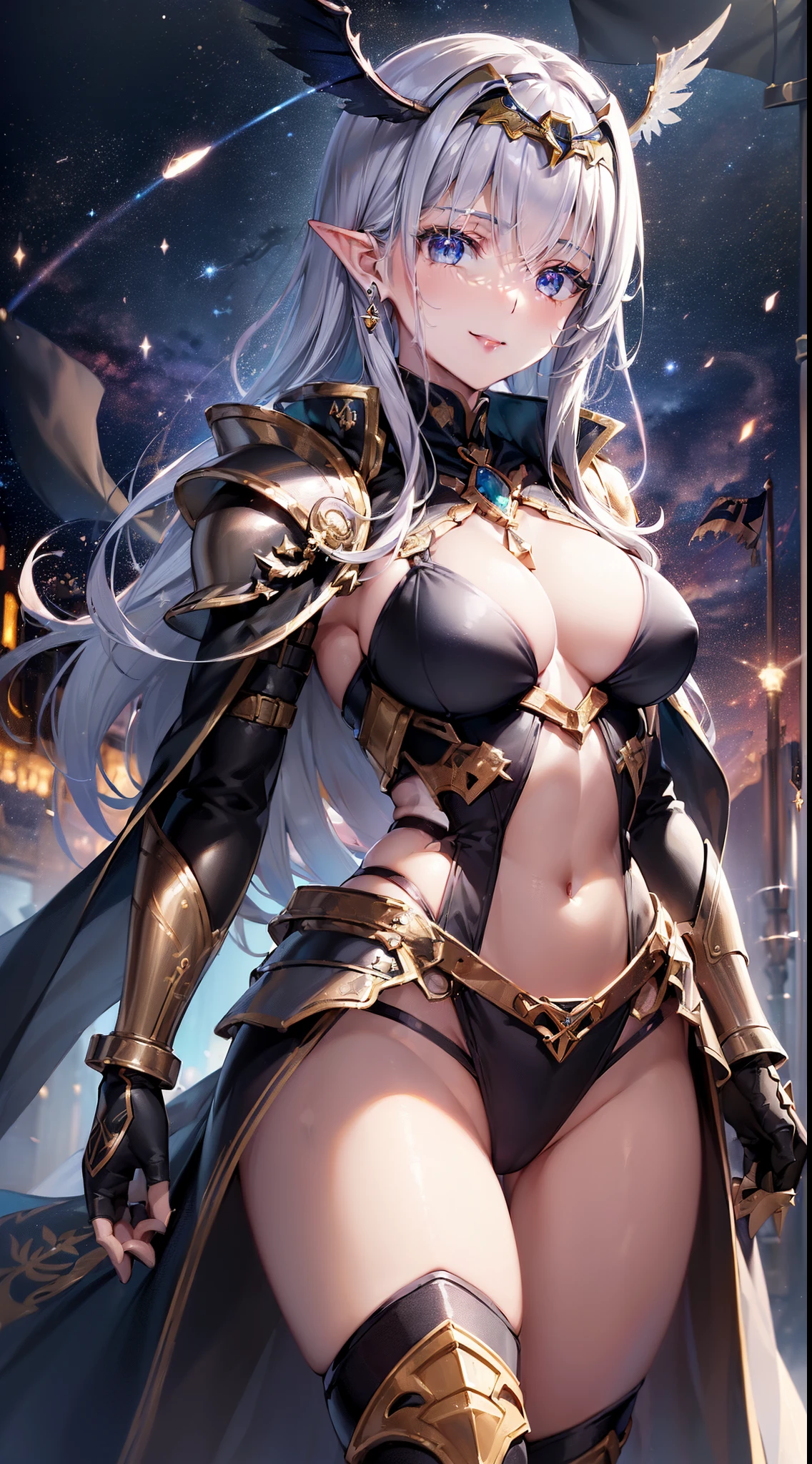 ((masuter piece:1.5)),((Finest quality)),(Ultra-high precision),8k picture,Top quality anime,Highest level of resolution,sharpnes,Clair,Fantasyart,rays of moonlight,((perfect anatomia:)),(Perfect depiction, Unbroken body:1.5),Detailed down to the smallest detail,Phenomenal depiction,((1人の女性),(Dull glowing black night armor,Detailed and detailed details,Sparkling Jewels,(circlet,Wing ornament)),(Raising a military flag with a coat of arms:1.1)a smile,Fantasy backgrounds with depth,underfoot,Particle Light:1.2