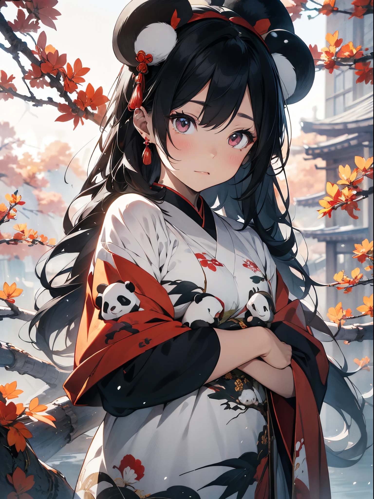 (masutepiece:1.2), Best Quality,Chinese ink painting,ink and watercolor painting,white backgrounid,Under the bamboo leaves, (Panda sits on a branch),(Bitgirl:1.5,Above the shoulder),pink and white clothes,facial close-up,big beatiful eyes,A detailed face,Flashy clothes,Ethereal pandas,(Chinese Panda),Dreamy,onmyoji detailed art,a beautiful artwork illustration,a mythical creature,a panda,beautiful digital works of art
