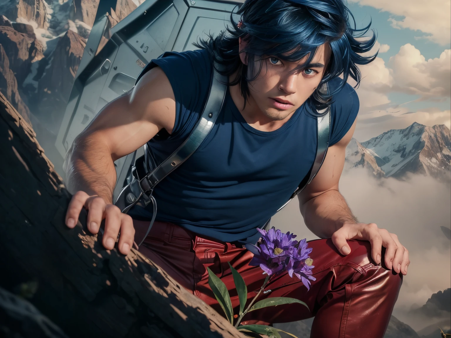 (masterpiece), (realistic), close up, (male) of 20 years old, Japanese (1boy), solo, slightly low view, in one knee, ((handsome man), ((strong face)), ((surprised face)), ((pretty big blue eyes)), ((well done eyes)), short messy blue hair, ((bangs)), hair blowing in the air, (((beardless))), masculine blue t-shirt, red pants, leather straps, ((metallic Chrome box on his back)), looking a purple flower in the ground, looking the flower, mountains surrounded by mists background, cinematic lighting.