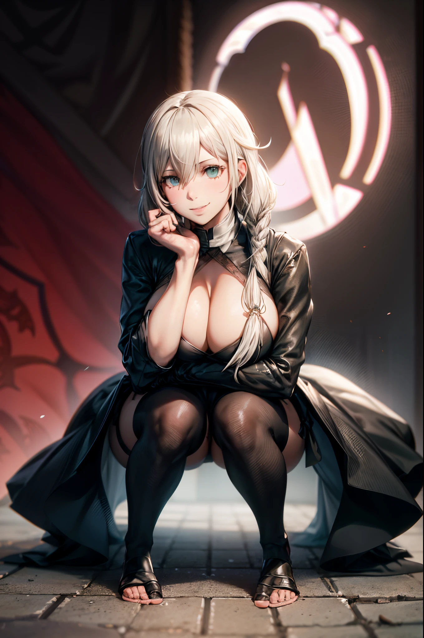 8K High Definition, 2b yorha, cabello blanco, Enormes pechos naturales, pose seductora, Shy and embarrassed smile, kimono negro, fists