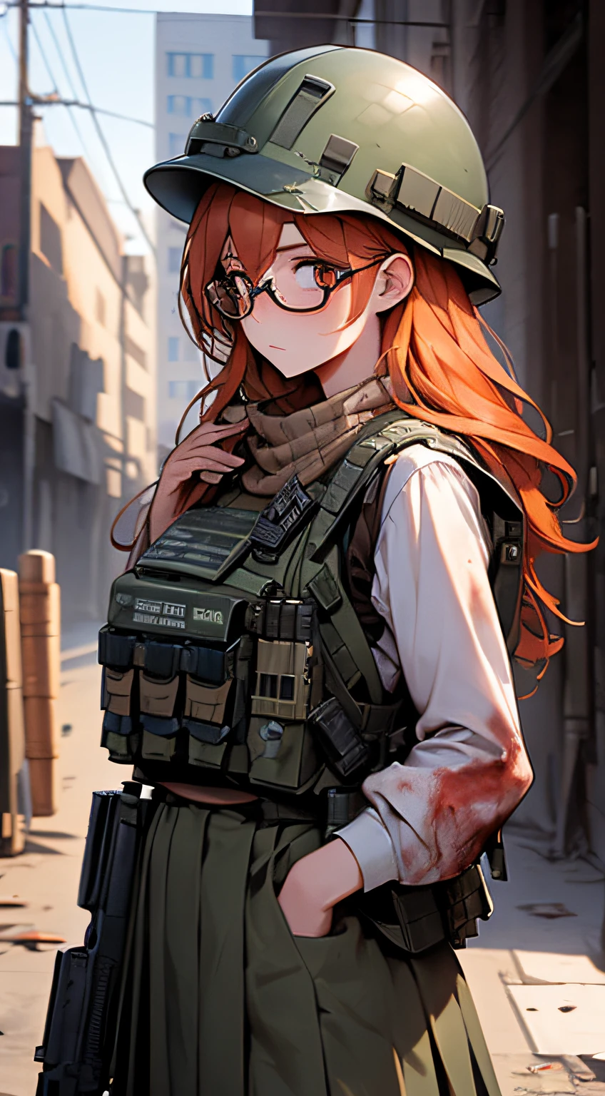 (masterpiece), best_quality, expressive_eyes, perfect_face, girl, No errors, (glasses), details, blue_pleated_skirt, (bulletproof_vest), long_orange_hair, construction_helmet, blood, apocalyptic, (brick_background), zombie, (hands_behind_back)