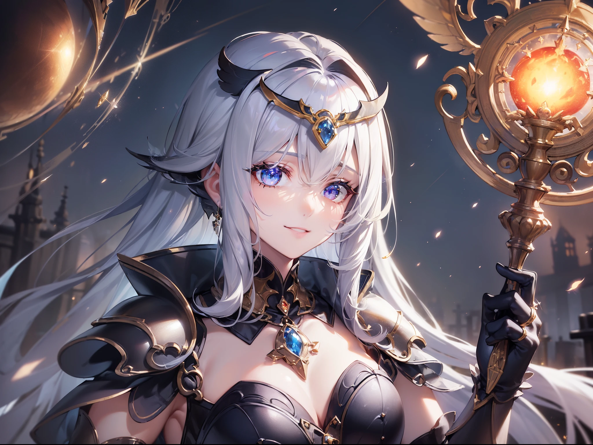 ((masuter piece:1.5)),((Finest quality)),(Ultra-high precision),8k picture,Top quality anime,Highest level of resolution,sharpnes,Clair,Fantasyart,a moon:1.4,Flame Particle Light:1.2,Detailed down to the smallest detail,Phenomenal depiction,((1人の女性),(Dull glowing black night armor,Detailed and detailed details,Sparkling Jewels,(circlet,Wing ornament)),(Holding up a grave with a coat of arms:1.1)a smile,Fantasy backgrounds with depth,