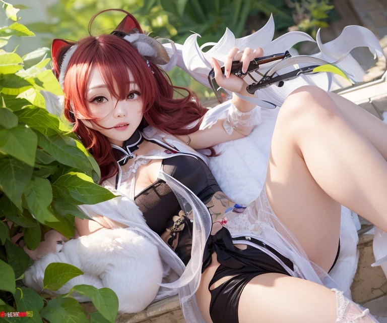realisitic、Red hair color、Purple eyes、Black mini cheongsam with many slits、Very white skin、Morning sun shining、Ahoge、Transparent Apron、silver tiger fur coat、big weapon