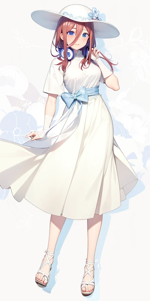 Miku Nakano, shy, blushing, cute, 4k, high quality, highly detailed, miku Nakano, flowing white slong skirt, white top with volant short sleeves, cute hat, flowers as a hairtie, sandals. Perfect face, highly detailed, perfect anatomy