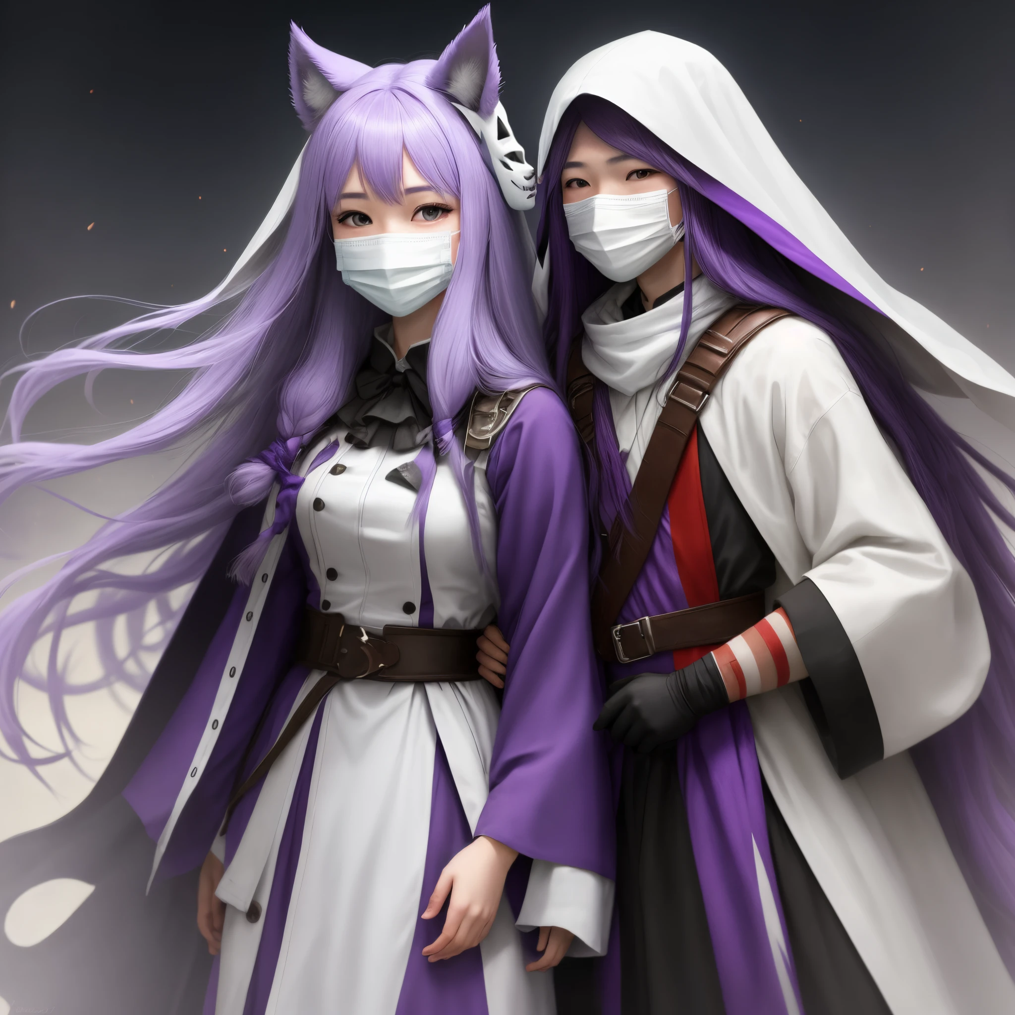 Person with full coverage white mask and long purple hair