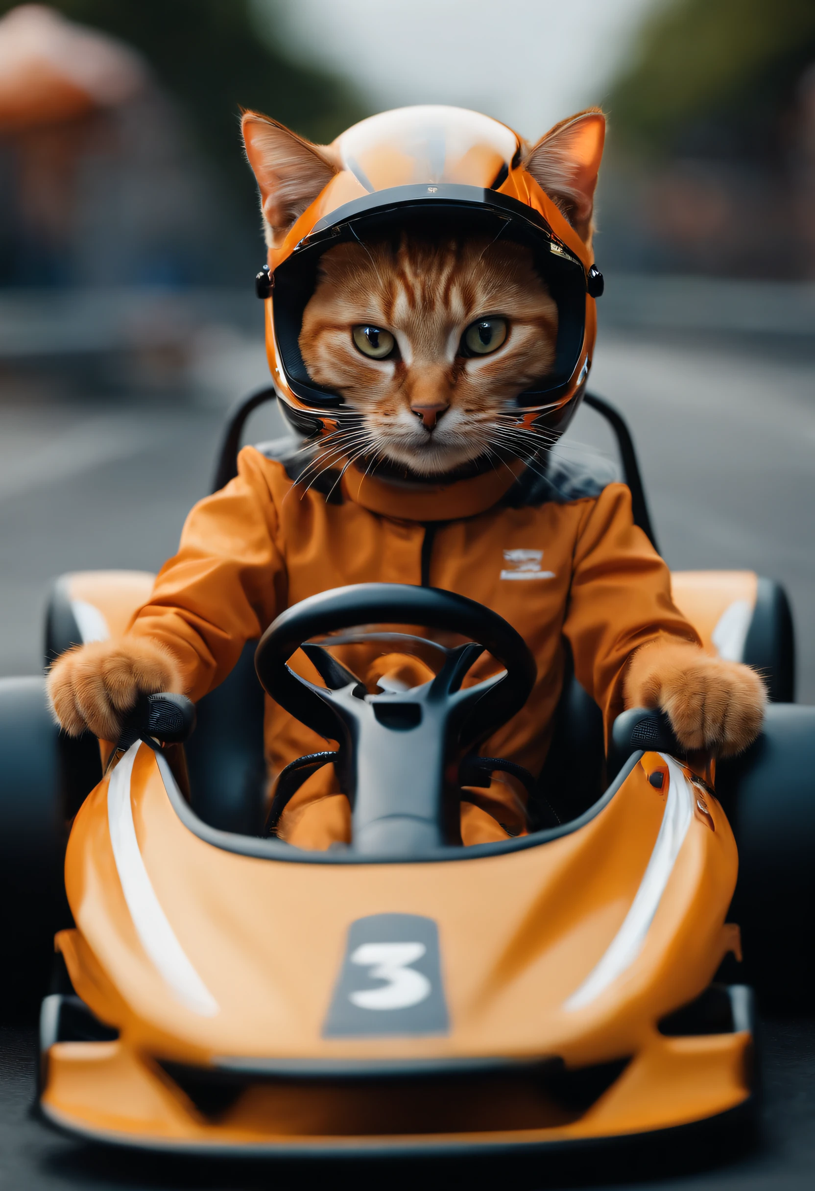 a cat driving a race go kart, intrinsic details,masterpiece,hyper realistic, hd, 8k