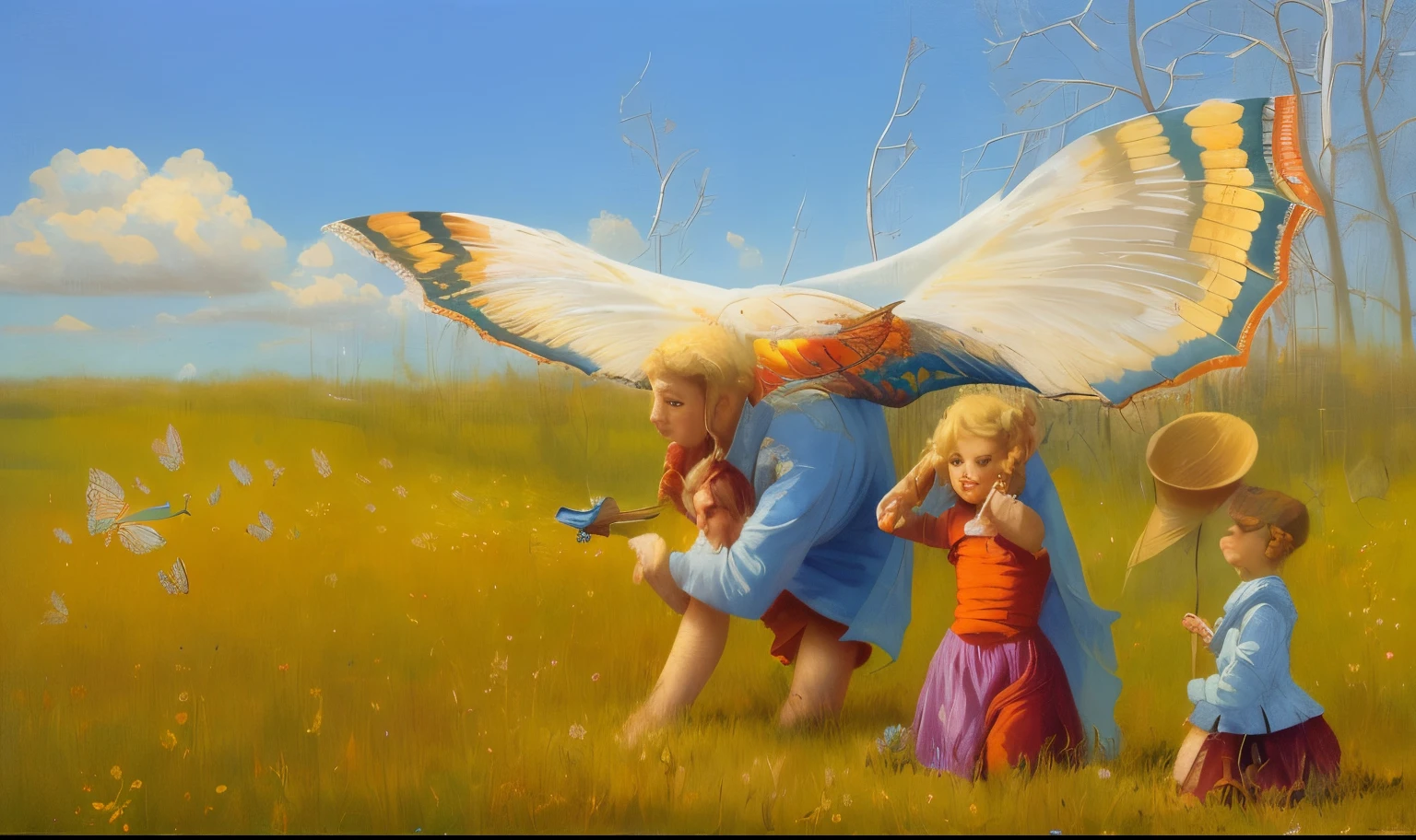 painting of a family with a butterfly kite in a field, Michael Cavalo (Motor irreal, Directed by: Michael Cheval, Michael Whelan e Karol Bak, Arte surreal e fantasiosa, inspirado em Michael Cheval, Michael Whelan Arte, Michael Whelan e Gustave Done, Directed by: Michael Whelan, magical realism bizarre art, !!!esao andrews!!!, arte surreal