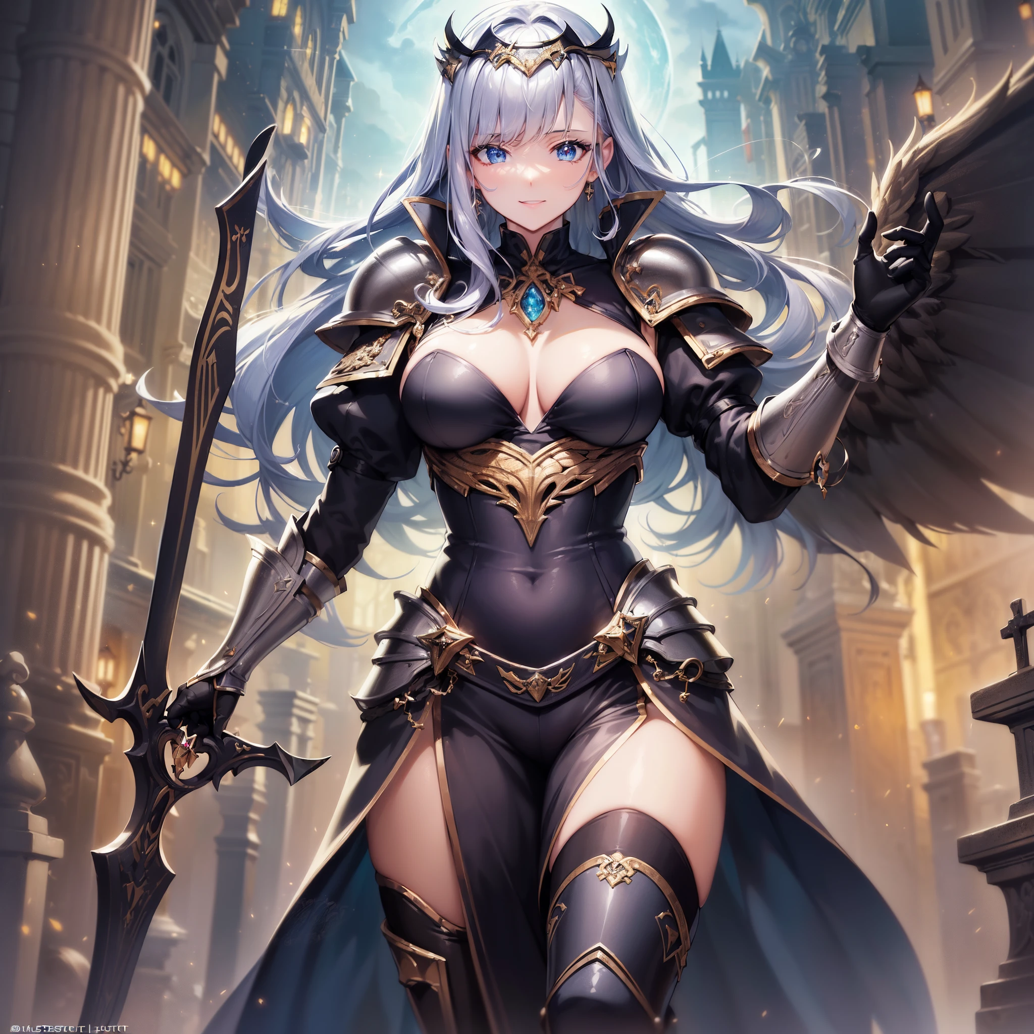 ((masuter piece:1.5)),((Finest quality)),(Ultra-high precision),8k picture,Top quality anime,Highest level of resolution,sharpnes,Clair,Fantasyart,a moon:1.4,Particle Light:1.2,Detailed down to the smallest detail,Phenomenal depiction,((1人の女性),(Dull glowing black armor,Detailed and detailed details,Sparkling Jewels,(circlet,Wing ornament)),(Brilliant loin cloth)(Holding up a grave with a coat of arms:1.1)a smile,Fantasy backgrounds with depth,