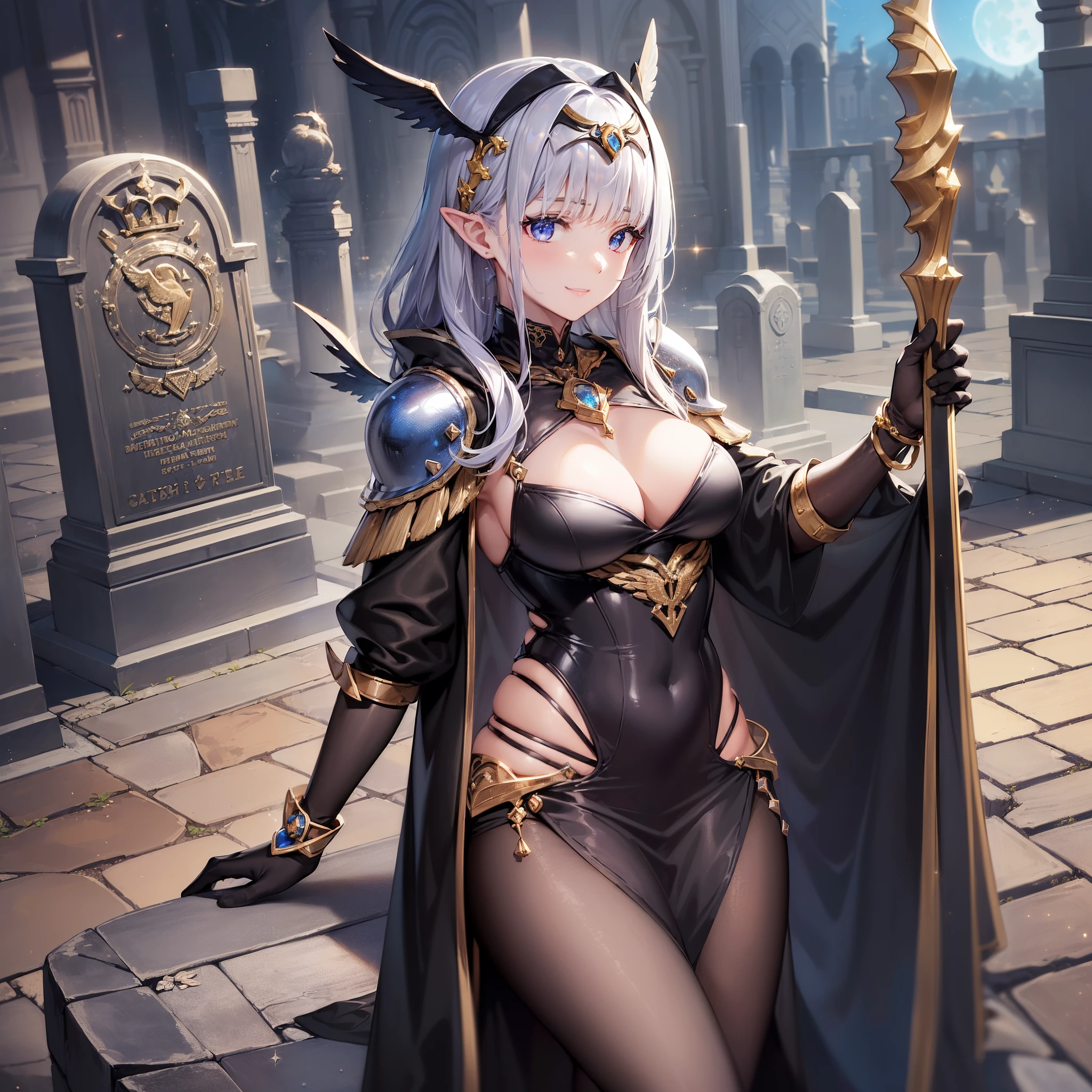 ((masuter piece:1.5)),((Finest quality)),(Ultra-high precision),8k picture,Top quality anime,Highest level of resolution,sharpnes,Clair,Fantasyart,a moon:1.4,Particle Light:1.2,Detailed down to the smallest detail,Phenomenal depiction,((1人の女性),(Dull glowing black armor,Detailed and detailed details,Sparkling Jewels,(circlet,Wing ornament)),(Brilliant loin cloth)(Holding up a grave with a coat of arms:1.1)a smile,Fantasy backgrounds with depth,