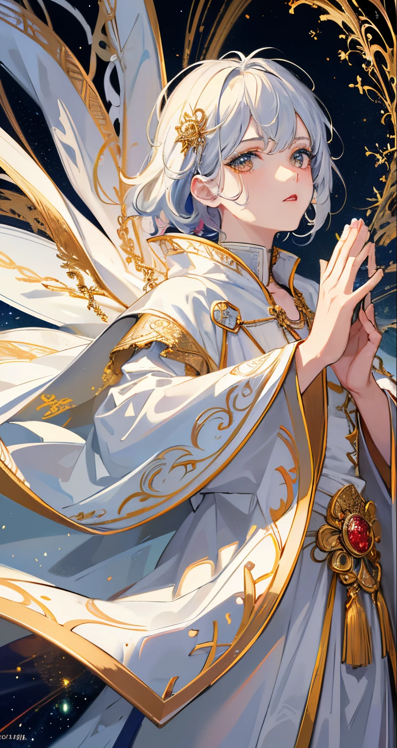 (masterpiece, top quality, best quality, official art, beautiful and aesthetic:1.2), (1boy), extreme detailed, (fractal art:1.3), colorful, highest detailed, perfect face, upper body, HDR, (praying:1.3), (white cloak golden lines:1.2), galaxy, (light streaks), striking visuals, (dynamic streaks, luminous trails:1.2), vibrant colors,naked,