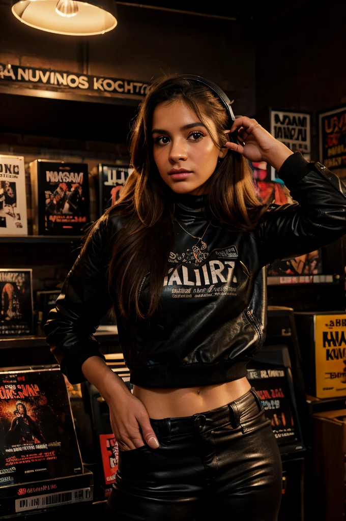 (La mejor calidad,4k,8k,Altas Resoluciones,Obra maestra:1.2),Ultra detallado,(realista,fotorrealista,fotorrealista:1.37),Mujer latina,30 years old,cabello largo y rubio,ojos color miel,Manos perfectas y dedos perfectos,Estilo rockero,vestido con chaqueta de cuero negro,vestida con pantalones de cuero negro,Dentro de una tienda de discos,retrato,Studio lighting,vivid colors,foco nítido,physically based representation,extreme detail description,a la moda,confident expression,Discos de vinilo,display shelves,Ambiente abarrotado,music posters,auriculares,Artistic Graffiti Walls,decoraciones con temas musicales,Altavoces,Ambiente retro,Estilo vanguardista,Rock music,dynamic  pose,luces de colores,Music lover
