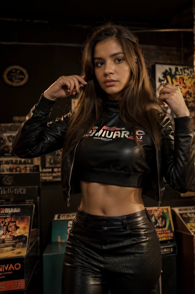 (La mejor calidad,4k,8k,Altas Resoluciones,Obra maestra:1.2),Ultra detallado,(realista,fotorrealista,fotorrealista:1.37),Mujer latina,30 years old,cabello largo y rubio,ojos color miel,Manos perfectas y dedos perfectos,Estilo rockero,vestido con chaqueta de cuero negro,vestida con pantalones de cuero negro,Dentro de una tienda de discos,retrato,Studio lighting,vivid colors,foco nítido,physically based representation,extreme detail description,a la moda,confident expression,Discos de vinilo,display shelves,Ambiente abarrotado,music posters,auriculares,Artistic Graffiti Walls,decoraciones con temas musicales,Altavoces,Ambiente retro,Estilo vanguardista,Rock music,dynamic pose,luces de colores,Music lover
