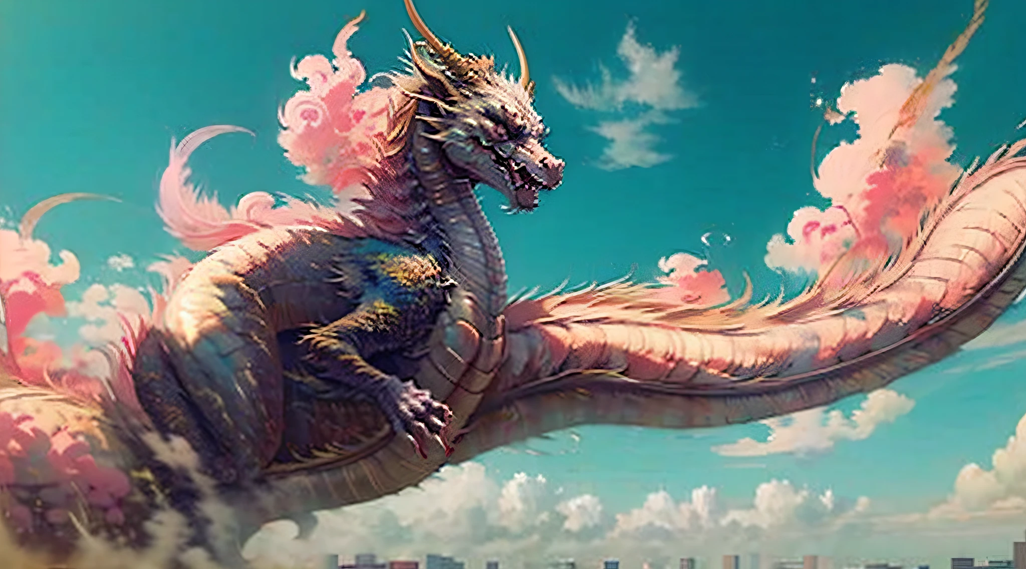 dragao oriental, lofi, vibes, voando no ceu, distante, nuvens, vales, realismo, vento, arte em estilo lofi, flying in sky, distante