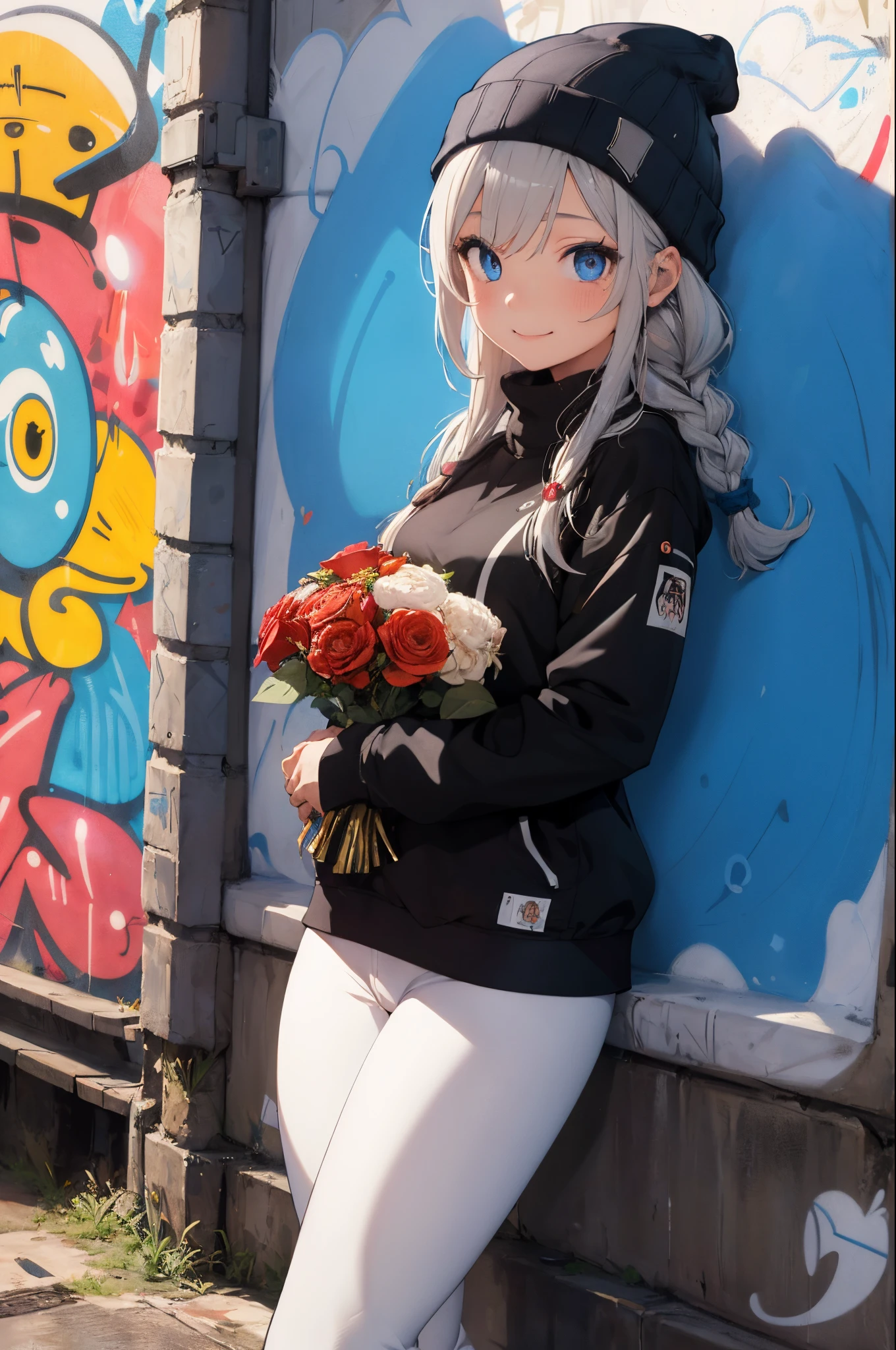 (​masterpiece:1.2、top-quality)、(graffiti wall:1.15)、1lady、Beanie、jaket、leggins、blue eyess、full body Esbian、Holding a beautiful bouquet、A smile、bob braided hair