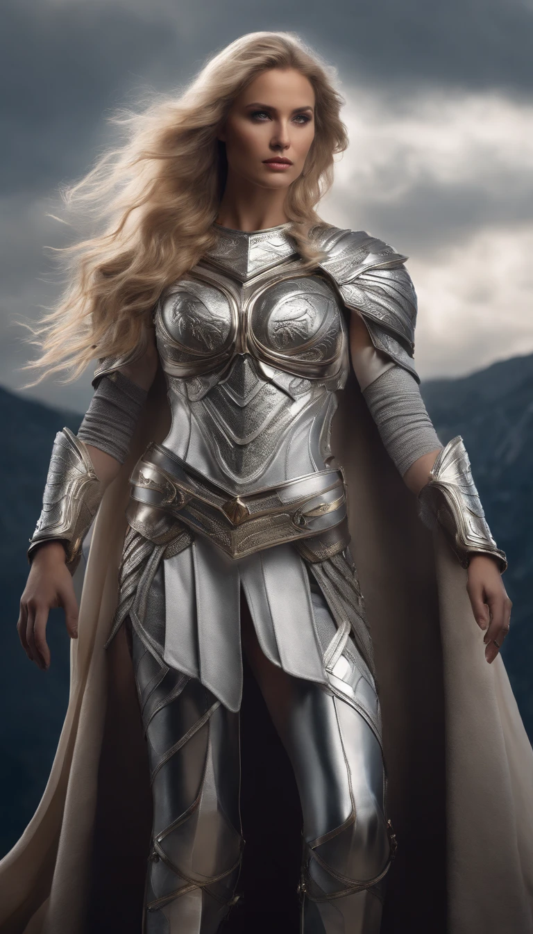 Generate a hyper-realistic image featuring a stunning blond woman in a captivating silver outfit that accentuates her curves. She stands atop a majestic mountain, exuding a sense of power and allure like a mystical valkyrie or angel. The silver armor she wears has tasteful revealing elements that hint at her beauty. This hyper-detailed fantasy character should convey both strength and sensuality, reminiscent of an angelic knight girl. The image should be a captivating render that highlights her beauty, making her appear enchanting. She should be depicted as a striking cyborg angel girl dressed in elegant, light armor that subtly reveals her figure. This fantasy character photo showcases her full body and presence as a majestic angel.