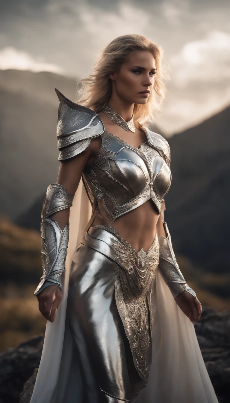 Generate a hyper-realistic image featuring a stunning blond woman in a captivating silver outfit that accentuates her curves. She stands atop a majestic mountain, exuding a sense of power and allure like a mystical valkyrie or angel. The silver armor she wears has tasteful revealing elements that hint at her beauty. This hyper-detailed fantasy character should convey both strength and sensuality, reminiscent of an angelic knight girl. The image should be a captivating render that highlights her beauty, making her appear enchanting. She should be depicted as a striking cyborg angel girl dressed in elegant, light armor that subtly reveals her figure. This fantasy character photo showcases her full body and presence as a majestic angel.
