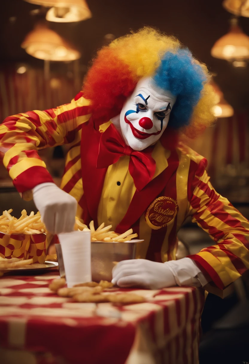 a scary clown looking like Ronald McDonald, frying burgers in a small kitchen, candid 35mm shot, motion blur, cinematic expired slide film, detailed facial features, hyper-realistic, dark moody lighting, gritty grungy atmosphere, vivid colors, detailed textures, intricate details, photorealistic, masterpiece