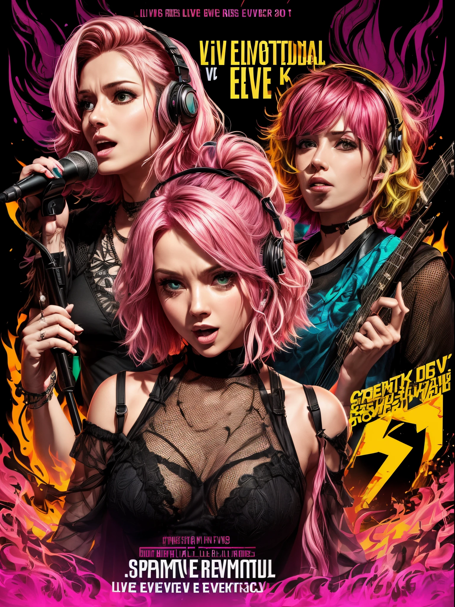 ((Live event announcement poster:1.5)), ((Realistic, Best Quality, 8K, masutepiece:1.3)), Punky female vocalist holding a microphone and singing a song, ((For messy medium bob hair,pink there,greenr,yellow,mesh dyed)), Depicting the band members, mainly the vocalist, A face that screams with furrowed eyebrows, various instrumentalists,Various supporting characters, dimly lit live studio, stage illuminated by spotlights, fans in the audience