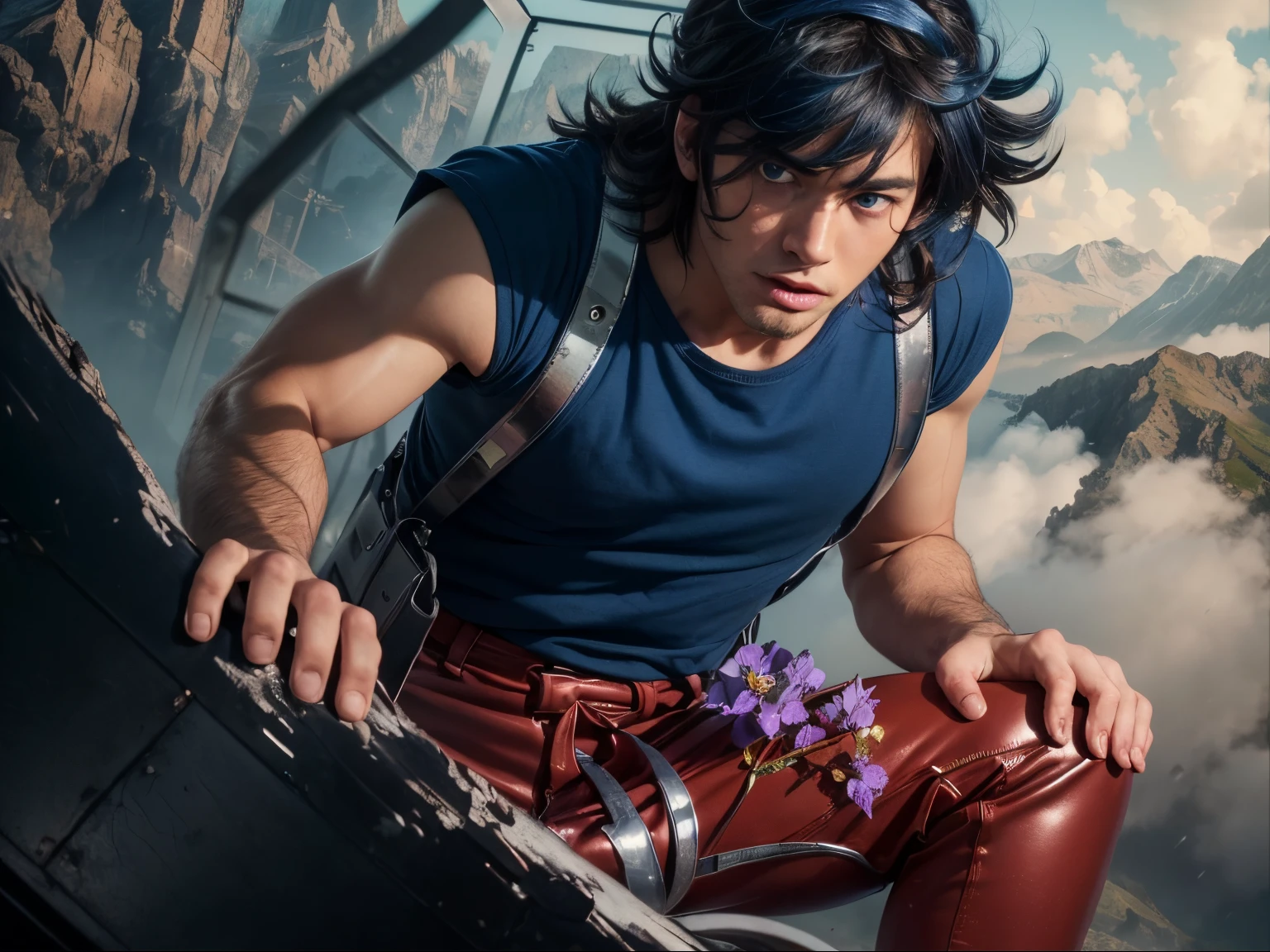 (masterpiece), (realistic), close up, (male) of 20 years old, Japanese (1boy), solo, slightly low view, in one knee, ((handsome man), ((strong face)), ((surprised face)), ((pretty big blue eyes)), ((well done eyes)), short messy blue hair, ((bangs)), hair blowing in the air, (((beardless))), masculine blue t-shirt, red pants, leather straps, ((metallic Chrome box on his back)), looking a purple flower in the ground, looking the flower, mountains surrounded by mists background, cinematic lighting.