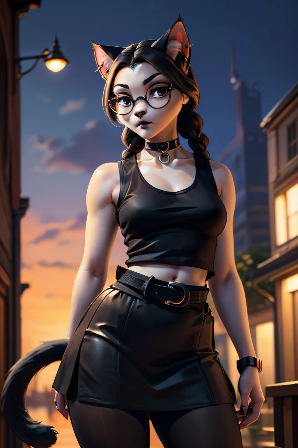 ((ultra quality)), ((tmasterpiece)), Girl-khajiit, goth, wears round glasses, anthro cat, ((black hair in a braid)), ((there are piercings and rings in the ears)), ((there are only cat ears)), ((There is a cat's long tail in the back)), Beautiful cute face, beautiful female lips, charming beauty, ((serious expression)), is looking at the camera, ((Skin color: white)), ((there is cat hair on the body)), Body glare, ((detailed beautiful female eyes)), ((kblack eyes)), ((dark makeup)), beautiful female hands, ((perfect female figure)), ideal female body shapes, Beautiful waist, nice feet, big thighs, Beautiful butt, ((Subtle and beautiful)), seductively worth it ((closeup face)), ((wearing a black waist-length skirt with a black belt, black sleeveless tank top, black choker around the neck, black sneakers, black tights), background: City Street, evening sunset, ((Depth of field)), ((high quality clear image)), ((crisp details)), ((higly detailed)), Realistic, Professional Photo Session, ((Clear Focus)), ((cartoon)), the anime, NSFW