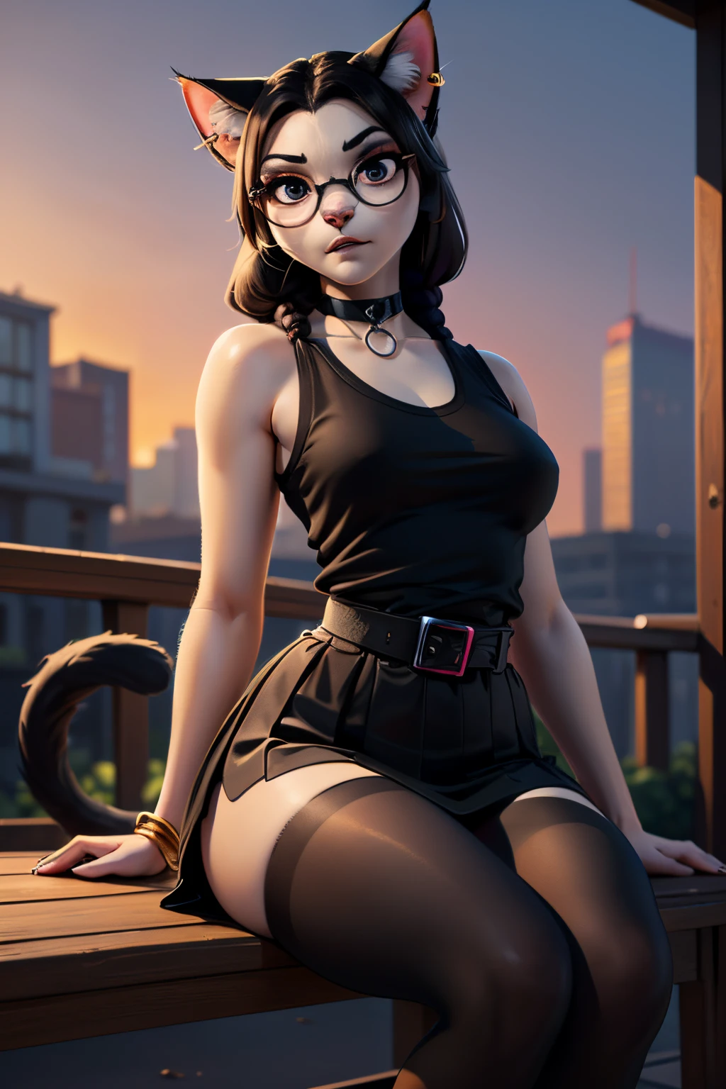 ((ultra quality)), ((tmasterpiece)), Girl-khajiit, goth, wears round glasses, anthro cat, furry, ((black long hair tied in a braid)), ((there are piercings and rings in the ears)), ((there are only cat ears)), ((There is a cat's long tail in the back)), Beautiful cute face, beautiful female lips, charming beauty, ((serious expression)), is looking at the camera, ((Skin color: white)), ((there is cat hair on the body)), Body glare, ((detailed beautiful female eyes)), ((kblack eyes)), ((dark makeup)), beautiful female hands, ((perfect female figure)), ideal female body shapes, Beautiful waist, nice feet, big thighs, Beautiful butt, ((Subtle and beautiful)), sitting seductively on a bench ((closeup face)), ((wearing a black waist-length skirt with a black belt, black sleeveless tank top, black choker around the neck, black sneakers, black tights), background: City Street, evening sunset, ((Depth of field)), ((high quality clear image)), ((crisp details)), ((higly detailed)), Realistic, Professional Photo Session, ((Clear Focus)), ((cartoon)), the anime, NSFW