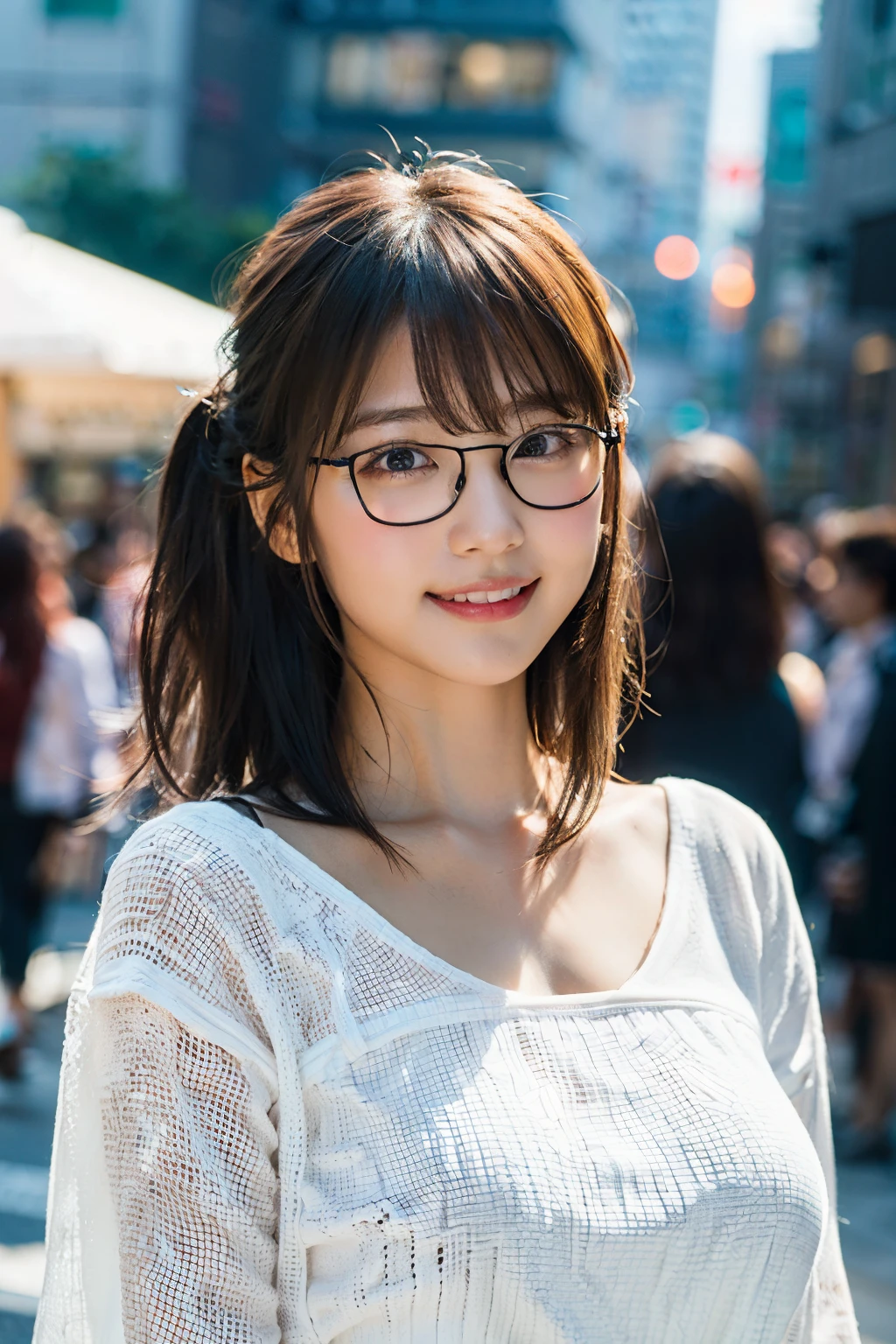 (8K、Raw photography、top-quality、masterpiece:1.2)、(realisitic、Photorealsitic:1.37)、ultra-detailliert、超A high resolution、1人、see the beholder、beautifull detailed face、A smile、Constriction、(Slim waist) :1.3)、((White blouse clothes))、Beautiful detailed skin、Skin Texture、Floating hair、((Hair bunched into one))、large full breasts、Professional Lighting、In front of the station at noon、((Black square glasses))、Whole human body、Brown hair、Calling on your phone、