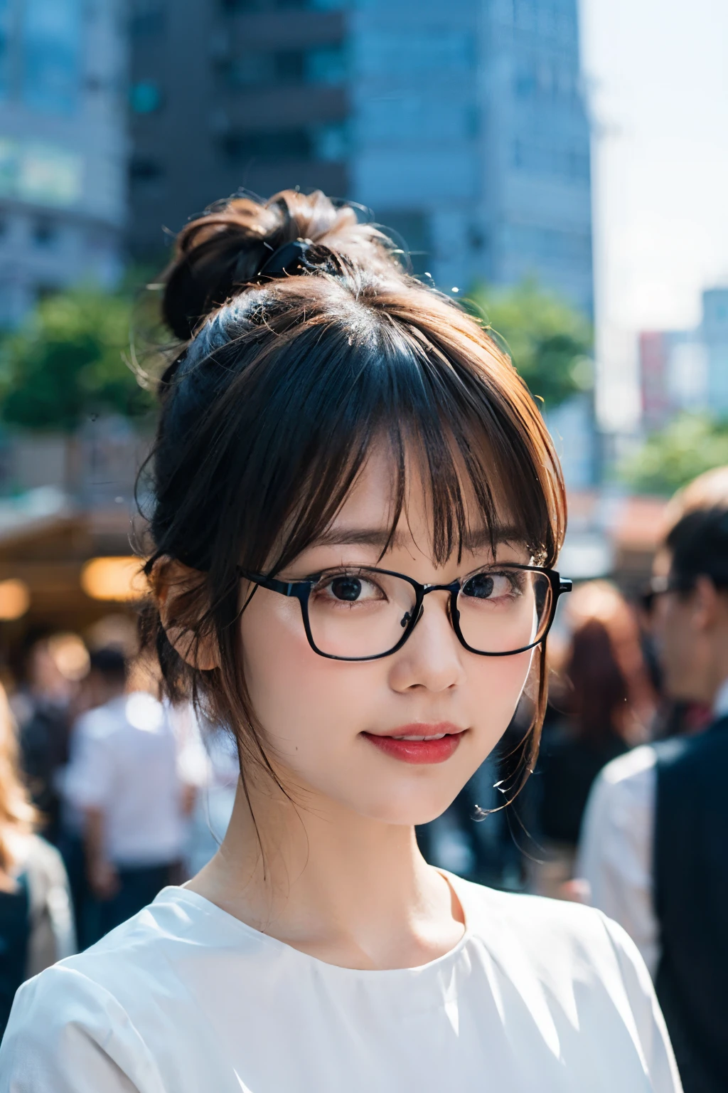 (8K、Raw photography、top-quality、masterpiece:1.2)、(realisitic、Photorealsitic:1.37)、ultra-detailliert、超A high resolution、1人、see the beholder、beautifull detailed face、A smile、Constriction、(Slim waist) :1.3)、((White blouse clothes))、Beautiful detailed skin、Skin Texture、Floating hair、((Hair bunched into one))、large full breasts、Professional Lighting、In front of the station at noon、((Black square glasses))、Whole human body、Brown hair、Calling on your phone、