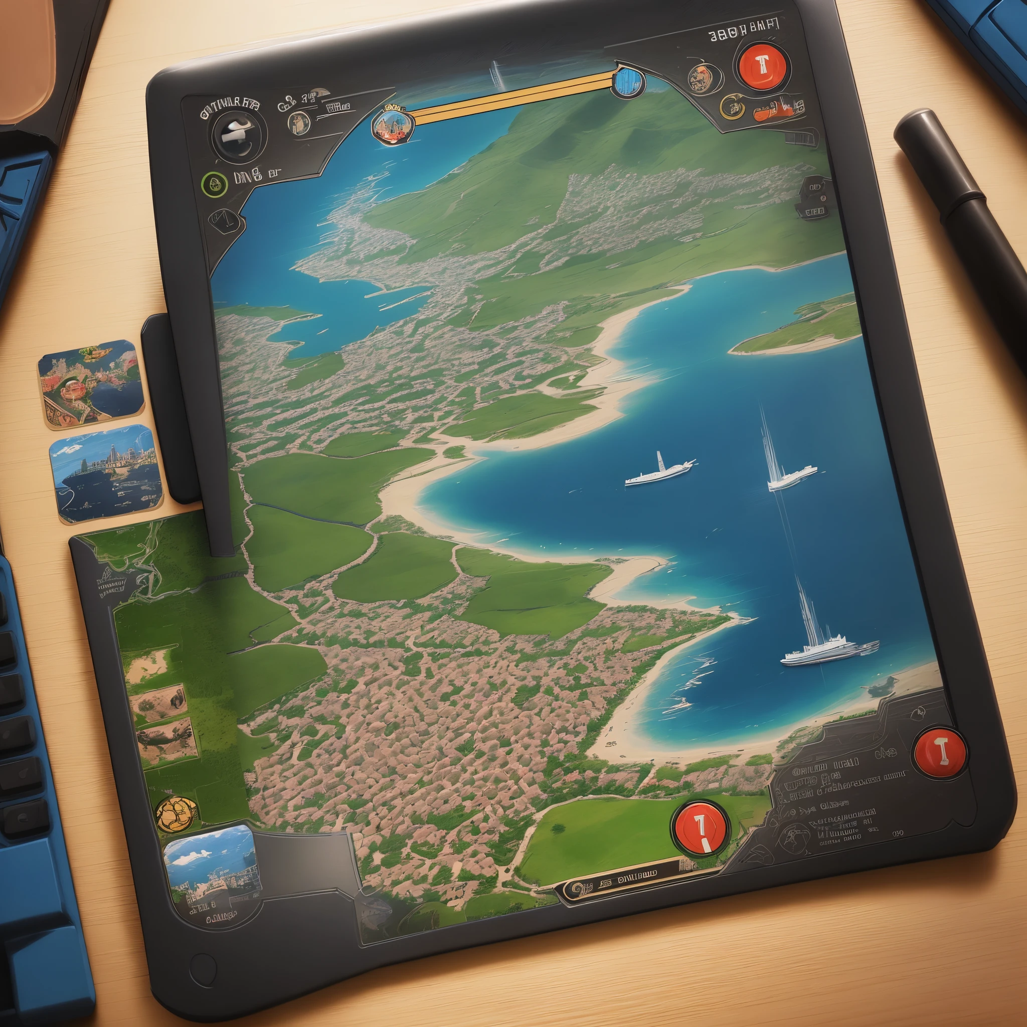 Carte complète de jeux vidéo vu du ciel avec des ville entouré d'eau