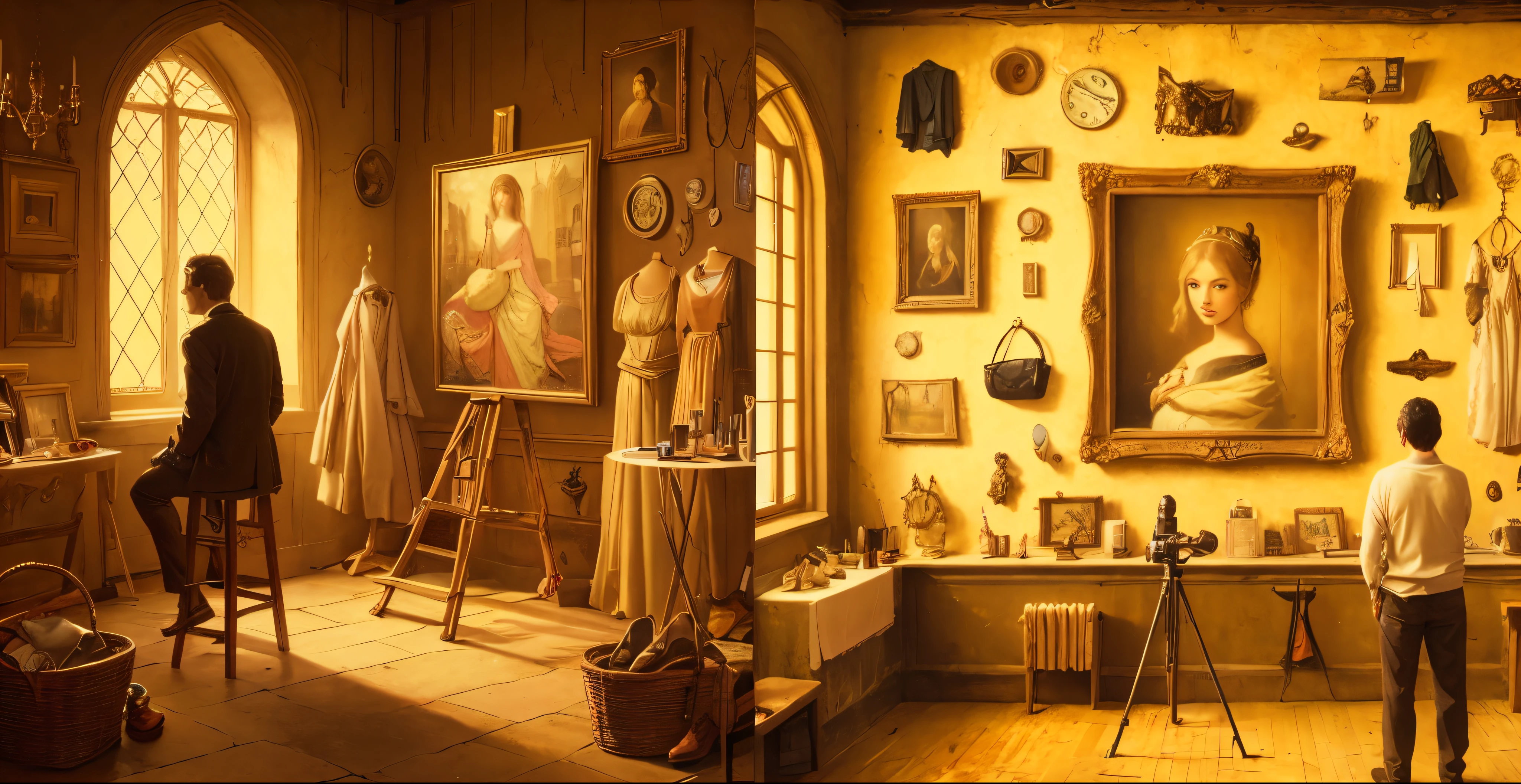The painting depicts a man contemplating an artistic painting in the middle of a medieval palace of a girl he loved and lost. The place contains a small telescope, an exhibition of her things, her hair combed, her clothes hanging, her makeup, her bag, her shoes, her jewelry. All of these things are displayed in an elegant way, as if it were a medieval gallery, with the warm golden color. All the things are from the Middle Ages.