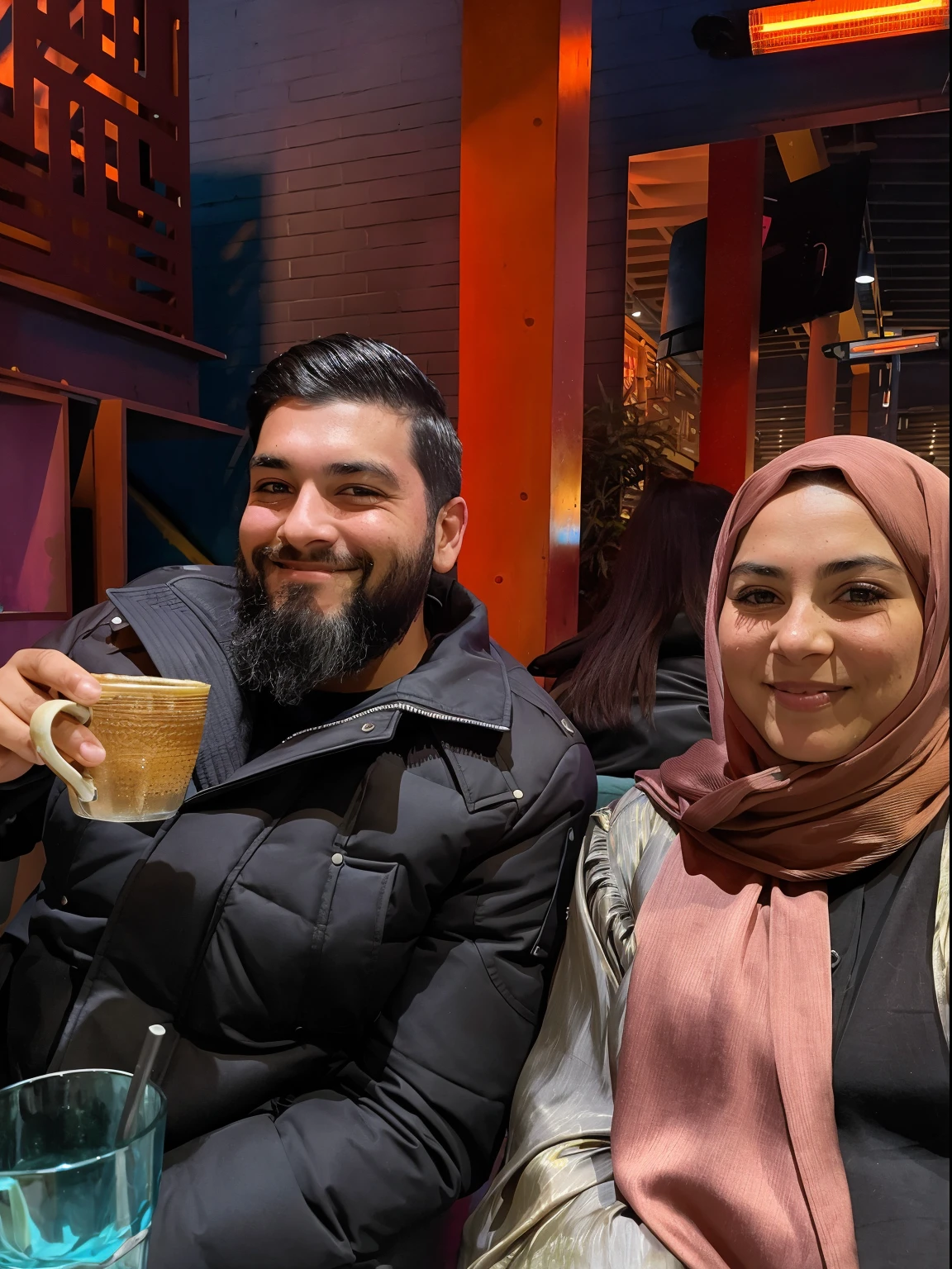 there are two people sitting at a table with drinks and a drink, lovely couple, happy couple, photo taken in 2 0 2 0, people enjoying the show, taken in the early 2020s, taken in 2 0 2 0, profile picture 1024px, with a drink, shot on nikon z9, captured on canon eos r 6
