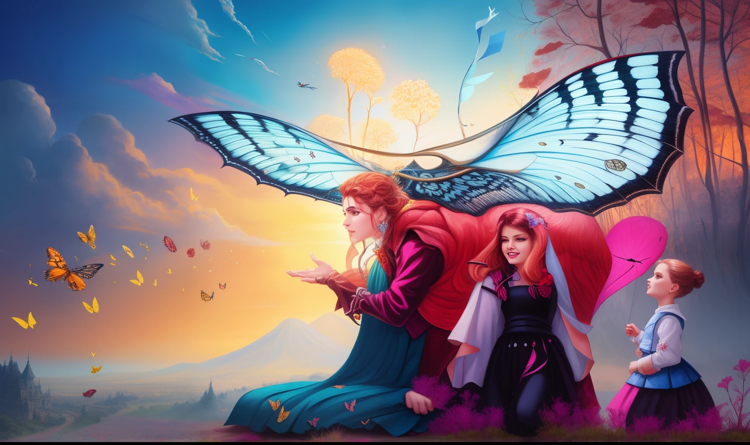 there are two children and a man with a butterfly kite, Michael Cavalo (Motor irreal, Directed by: Igor Grabar, Directed by: Alexander Kucharsky, Cyril Rolando e M. w kaluta |, Cyril Rolando e M.w kaluta |, Directed by: Anton Fadeev, Arte surreal e fantasiosa, Directed by: Galen Dara, inspirado em Michael Cheval