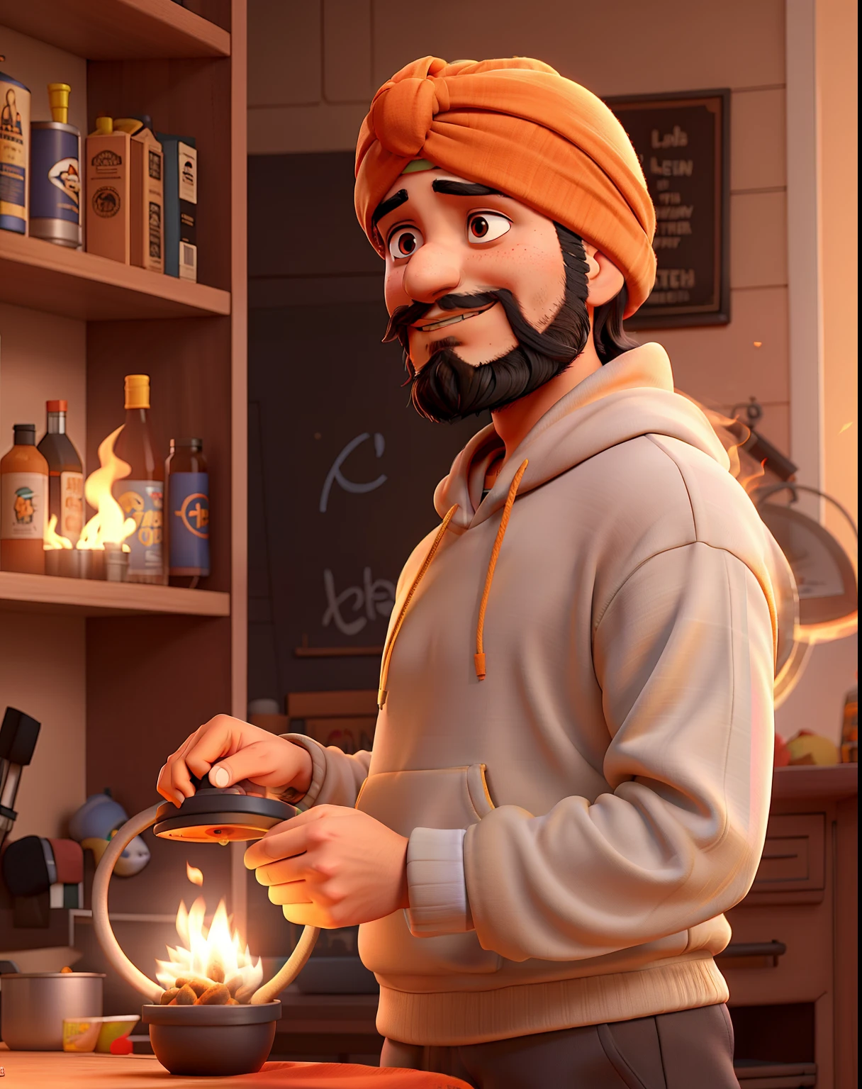 A turban guy with long beard standing wearing a hoodie, with the words jattstar. Orange smoke in background