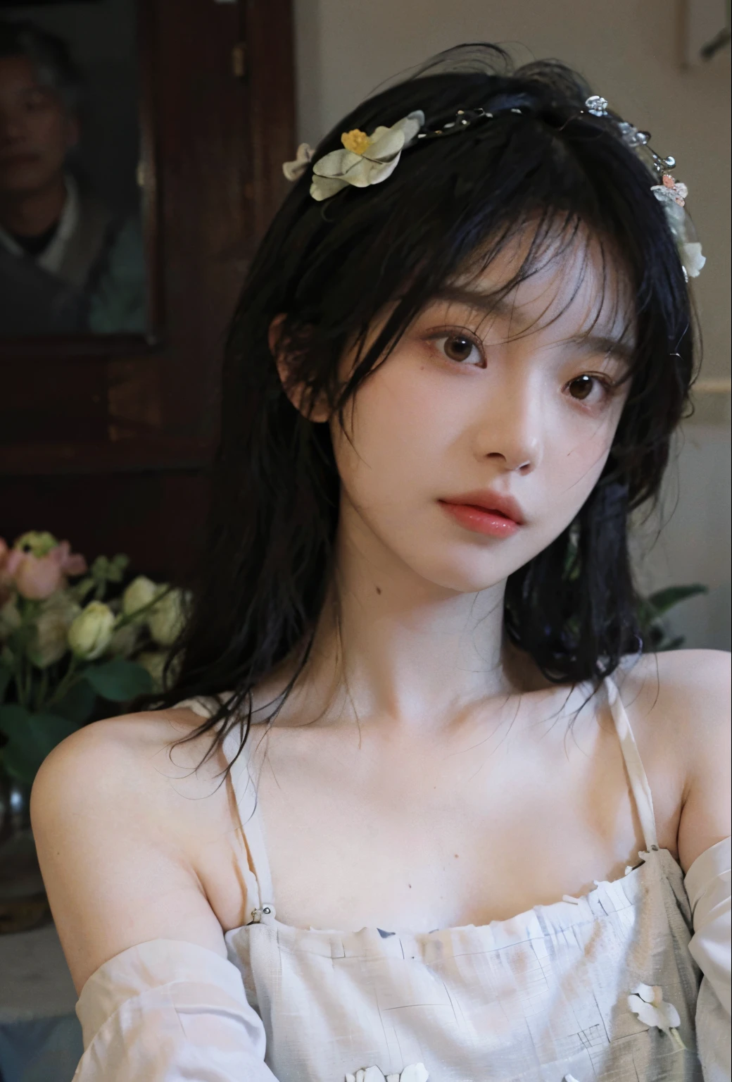 best qualtiy, 超高分辨率, (realisticlying:1.4),cute hairpin,Baoyu Girl,Stand in the wedding hall,(flatchest:1.2) ,A pair of clear and moving peach blossom eyes,Royal Sister,sunshine on face,Big wavy hairstyle,(choker necklace:1.2),(Fair skin:1.4),a sense of atmosphere,a beauty girl, ssmile,head straight-looking at viewer, closeup cleavage ,(Photorealistic:1.4),1girll,Sexy,(Upper body:1.4),(Wet body),(:1.2)