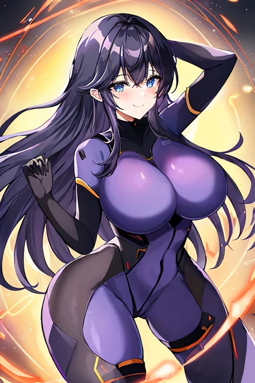 1girl, black hair, large breasts, breasts, thick thighs, wide hips, blue eyes, bodysuit, black bodysuit, long hair, light smile, happy, science-fiction, tech, futuristic, purple clothes, machinery, anime style, 2d, anime screencap, leotard, thigh strap, arm strap, sway hips, hip sway, sway, swaying hips, moving hips, dance, dancing, hands behind head, arms behind back