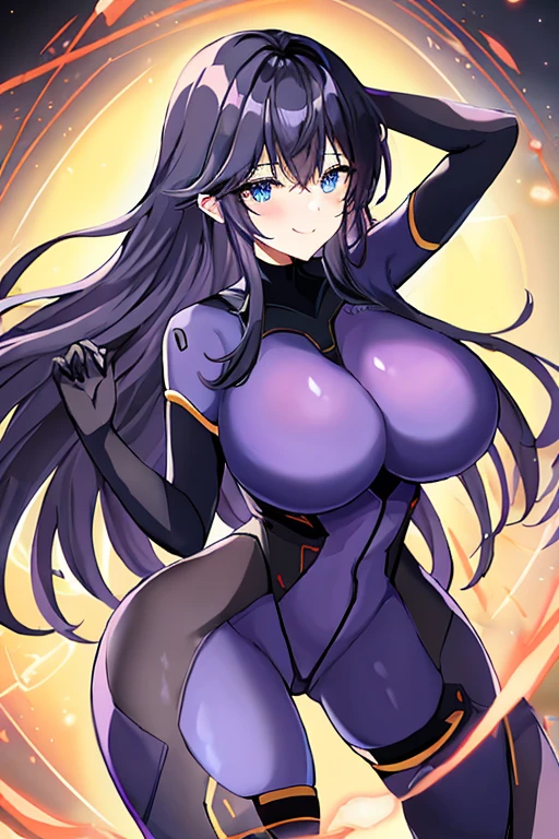 1girl, black hair, large breasts, breasts, thick thighs, wide hips, blue eyes, bodysuit, black bodysuit, long hair, light smile, happy, science-fiction, tech, futuristic, purple clothes, machinery, anime style, 2d, anime screencap, leotard, thigh strap, arm strap, sway hips, hip sway, sway, swaying hips, moving hips, dance, dancing, hands behind head, arms behind back
