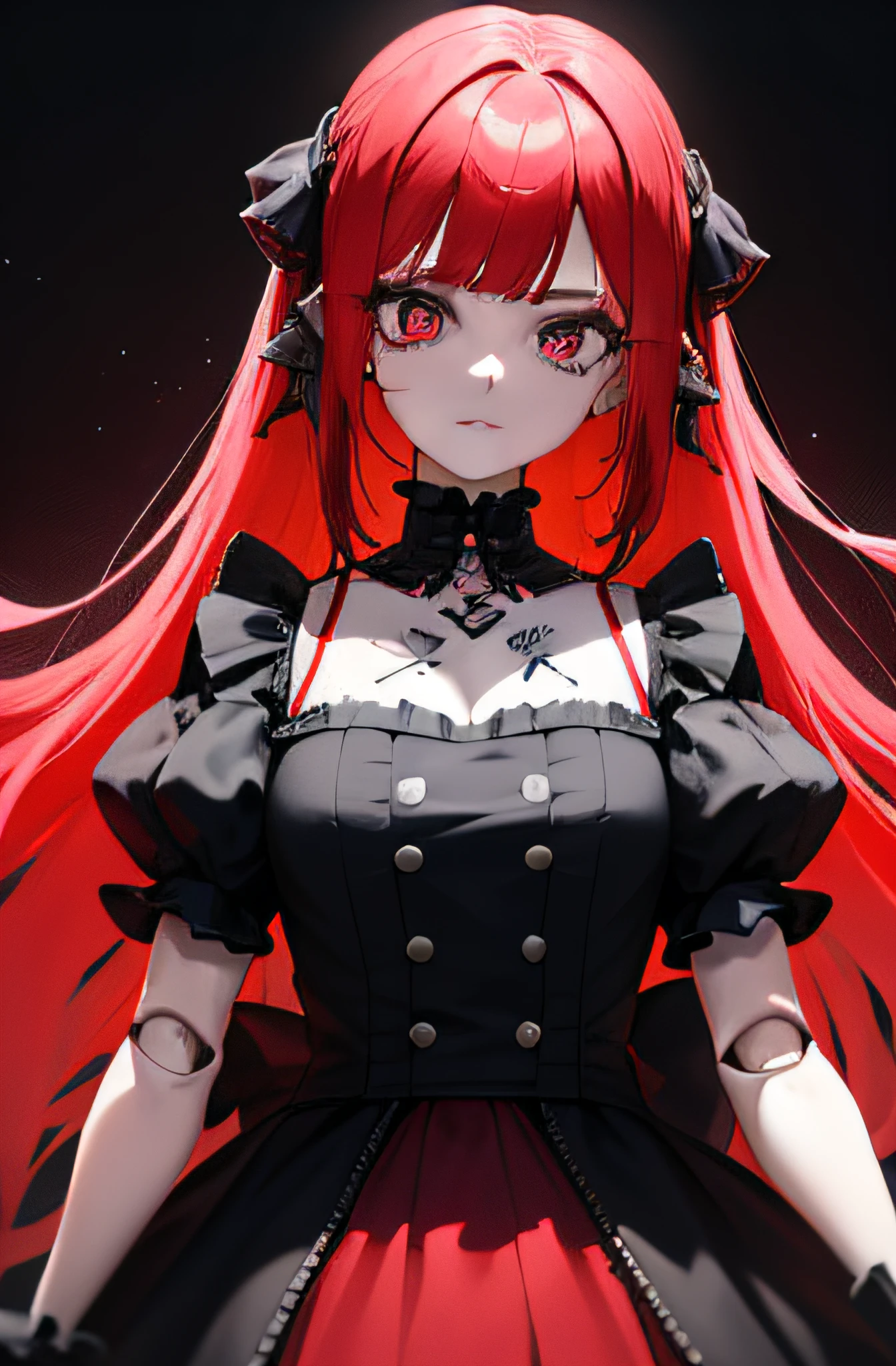1girl,
doll joints, Long red hair, styled in two slightly wavy tails, large expressionless gray eyes, round face, runes on the face, going down two rows for both eyes, gothic-looking red dress, rune tattoos on the face, pale skin tone