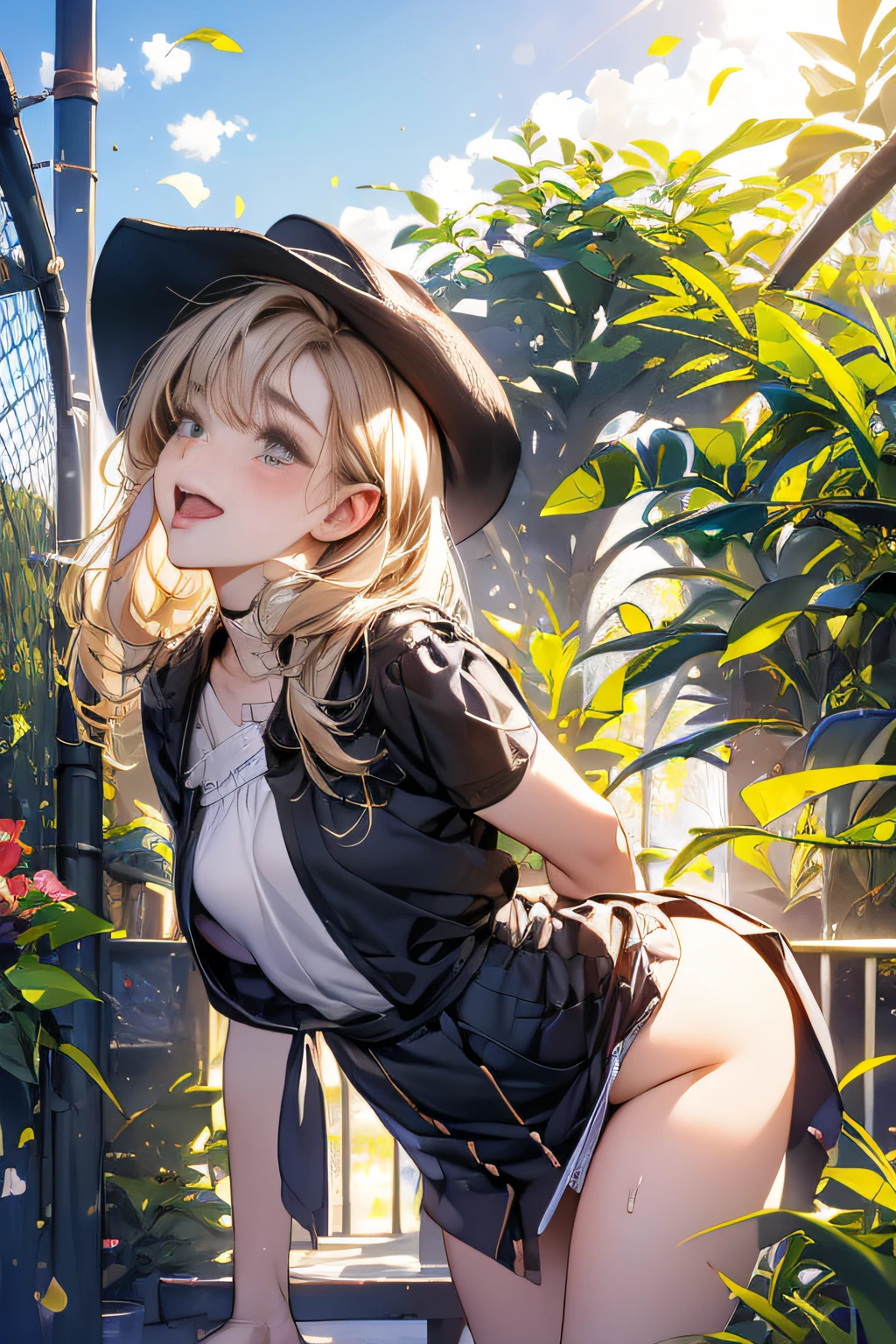 (longshot, looking away, shift off center, draw the face precisely, cinematic perspective), 1woman is standing, (((straddling to hook her butt against the top of safety fence for masturbate))), (orgasm face), (wearing clothes or dress), (underwear is visible through clothes), (orgasm face), small breast, (open her legs), tight skirt, sticks out her hip, ((trees, plants)), in the mall,