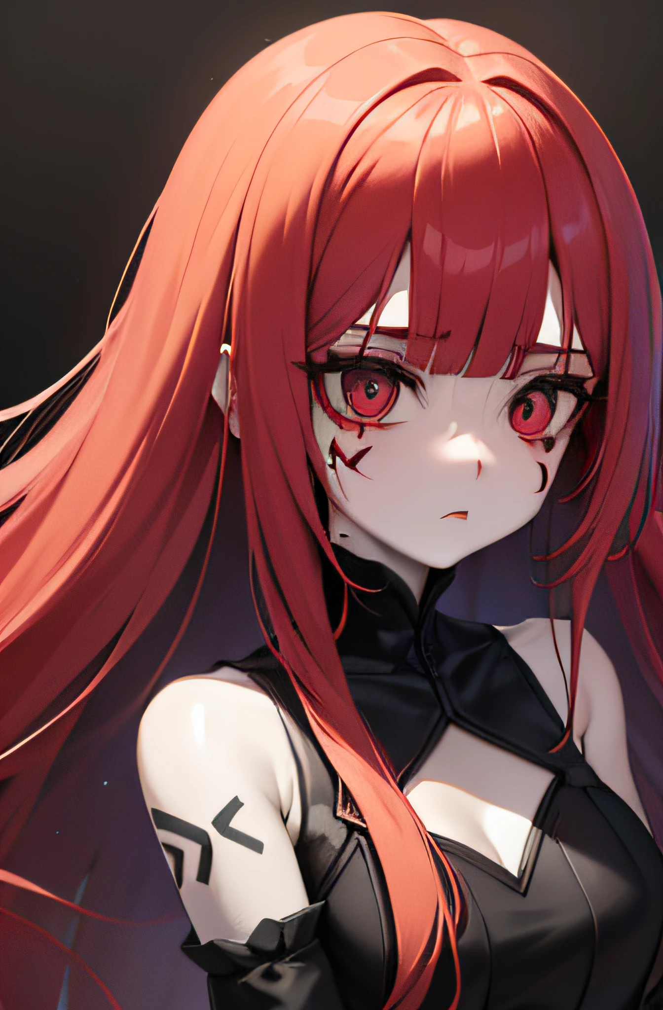 1girl,
doll joints, Long red hair, styled in two slightly wavy tails, large expressionless gray eyes, round face, runes on the face, going down two rows for both eyes, gothic-looking red dress, rune tattoos on the face, pale skin tone