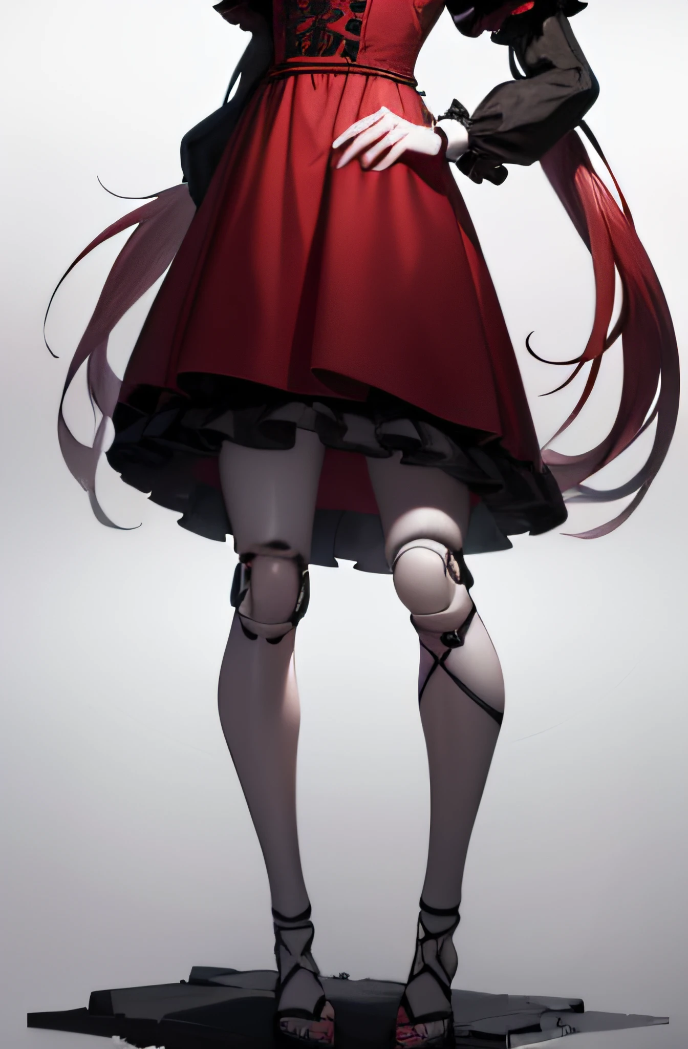 1girl, doll joints, Long red hair, styled in two slightly wavy pigtails, large expressionless gray eyes, round face, runes on the face, going down two rows for both eyes, gothic-looking red dress, rune tattoos on the face, pale skin tone, full body diagram, hand detailed
