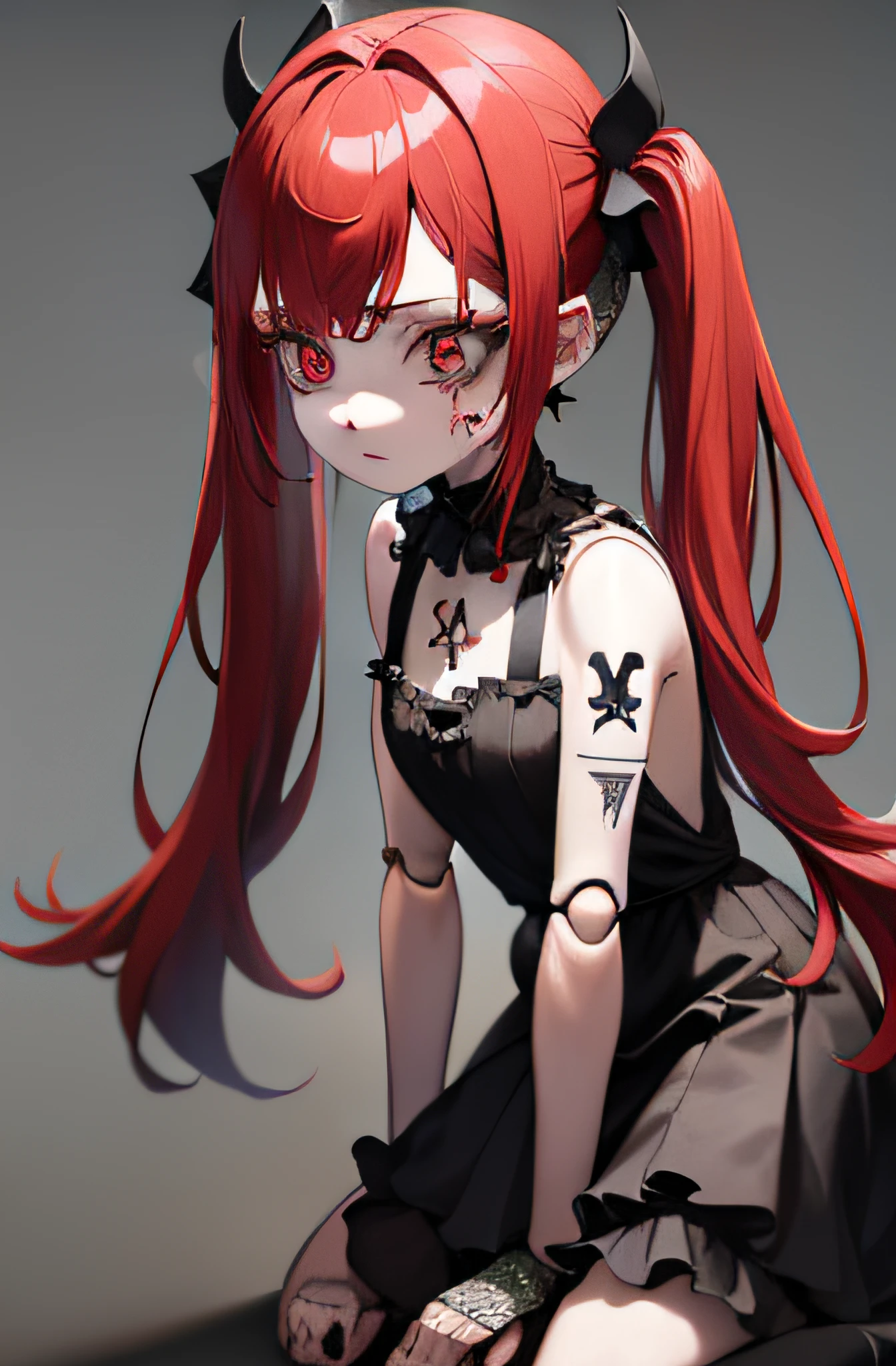 1girl, doll joints, Long red hair, styled in two slightly wavy pigtails, large expressionless gray eyes, round face, runes on the face, going down two rows for both eyes, gothic-looking red dress, rune tattoos on the face, pale skin tone, full body diagram, hand detailed