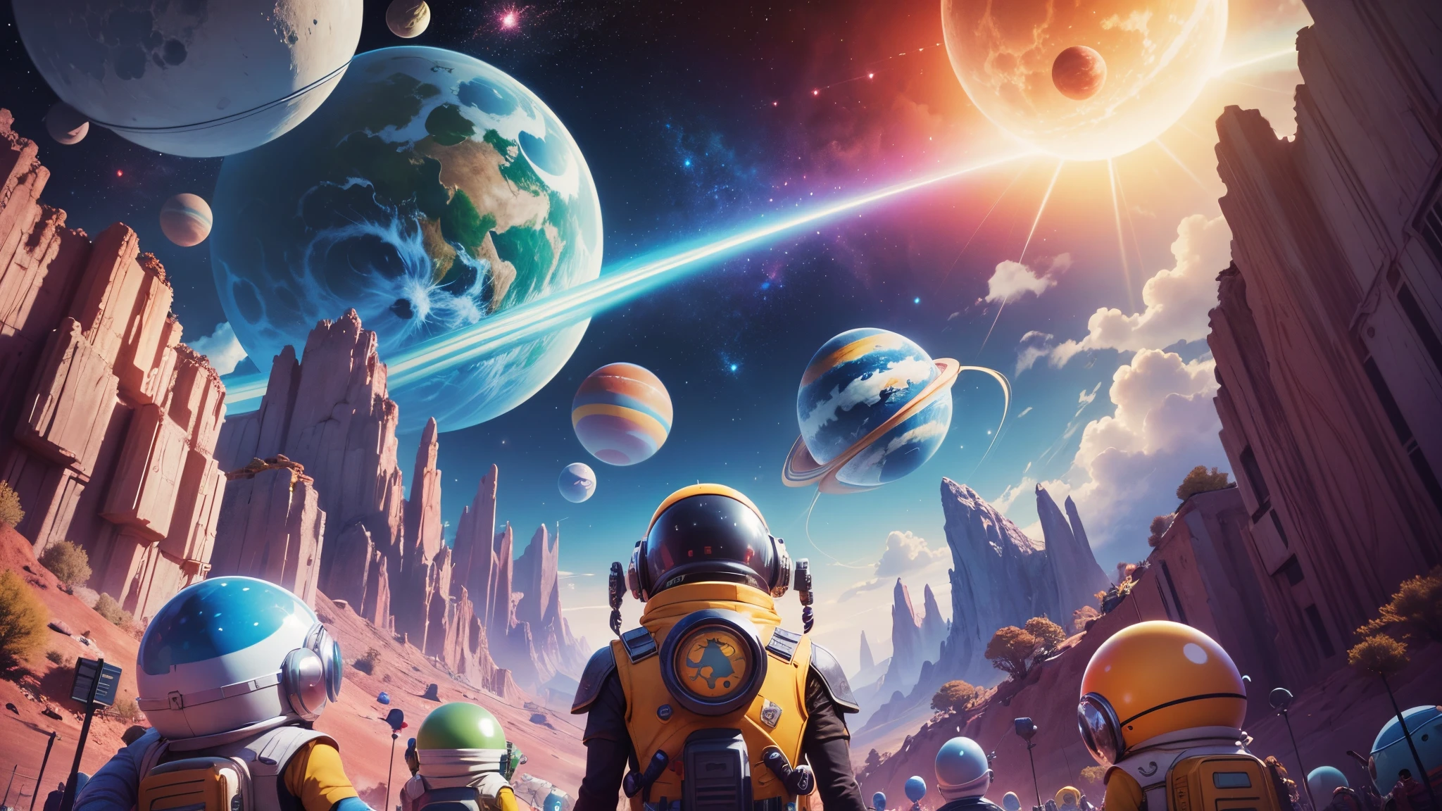 cinema poster. colorful planets, friendly aliens, spaceship, ready for exploration, young adventurers, cartoon style --auto --s2